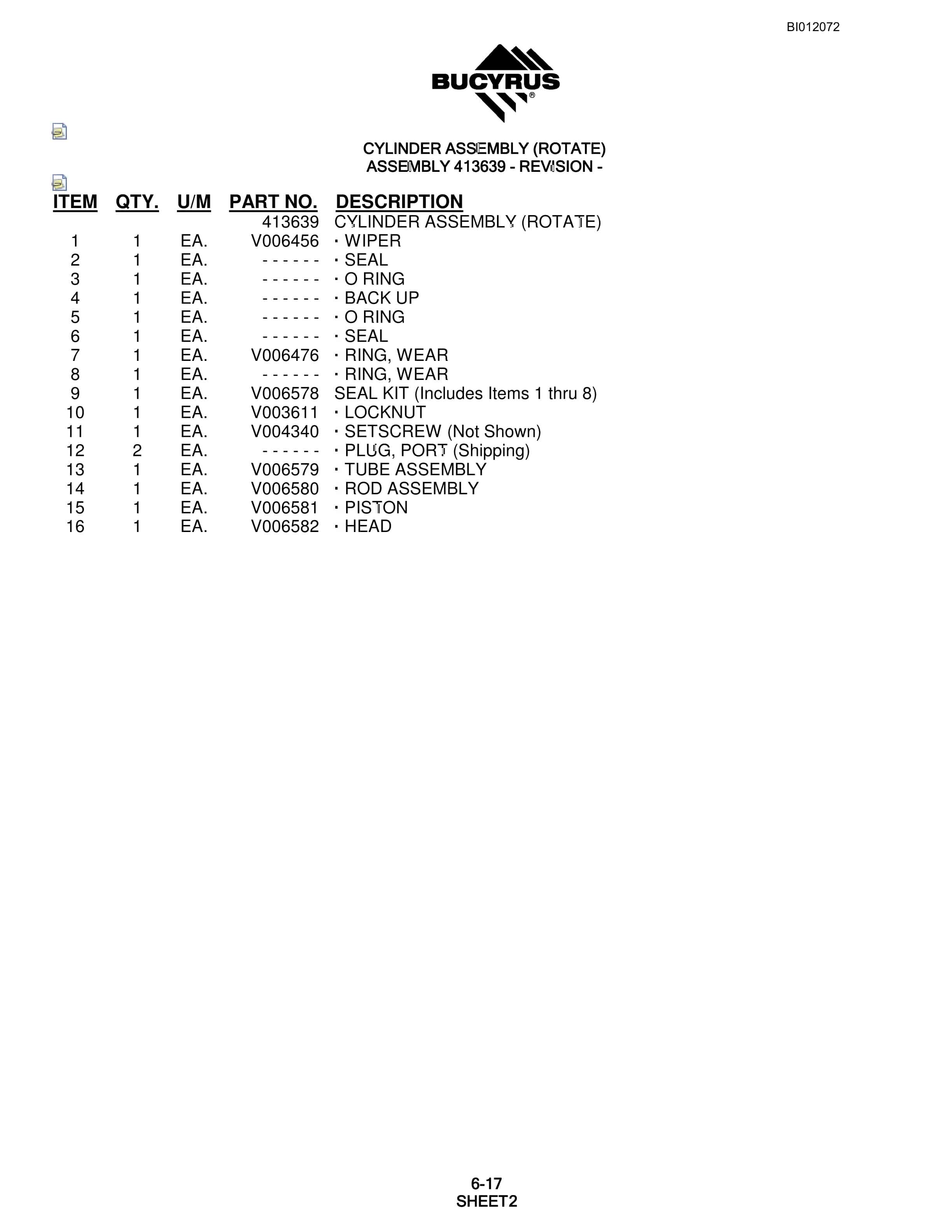 Bucyrus SKF11 Rotary Blasthole Drill Parts Manual BI012072-3