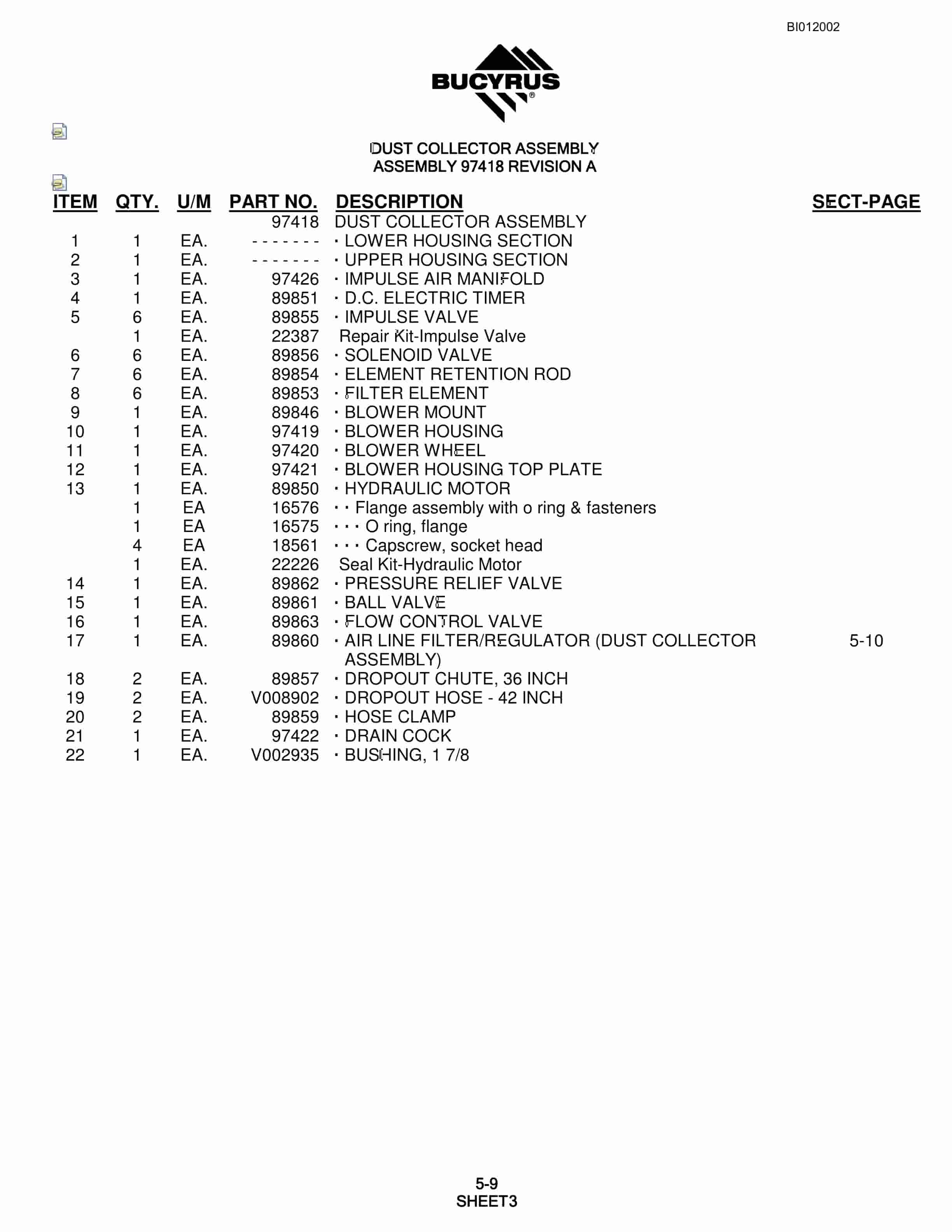Bucyrus SKFX Rotary Blasthole Drill Parts Manual BI012002-2