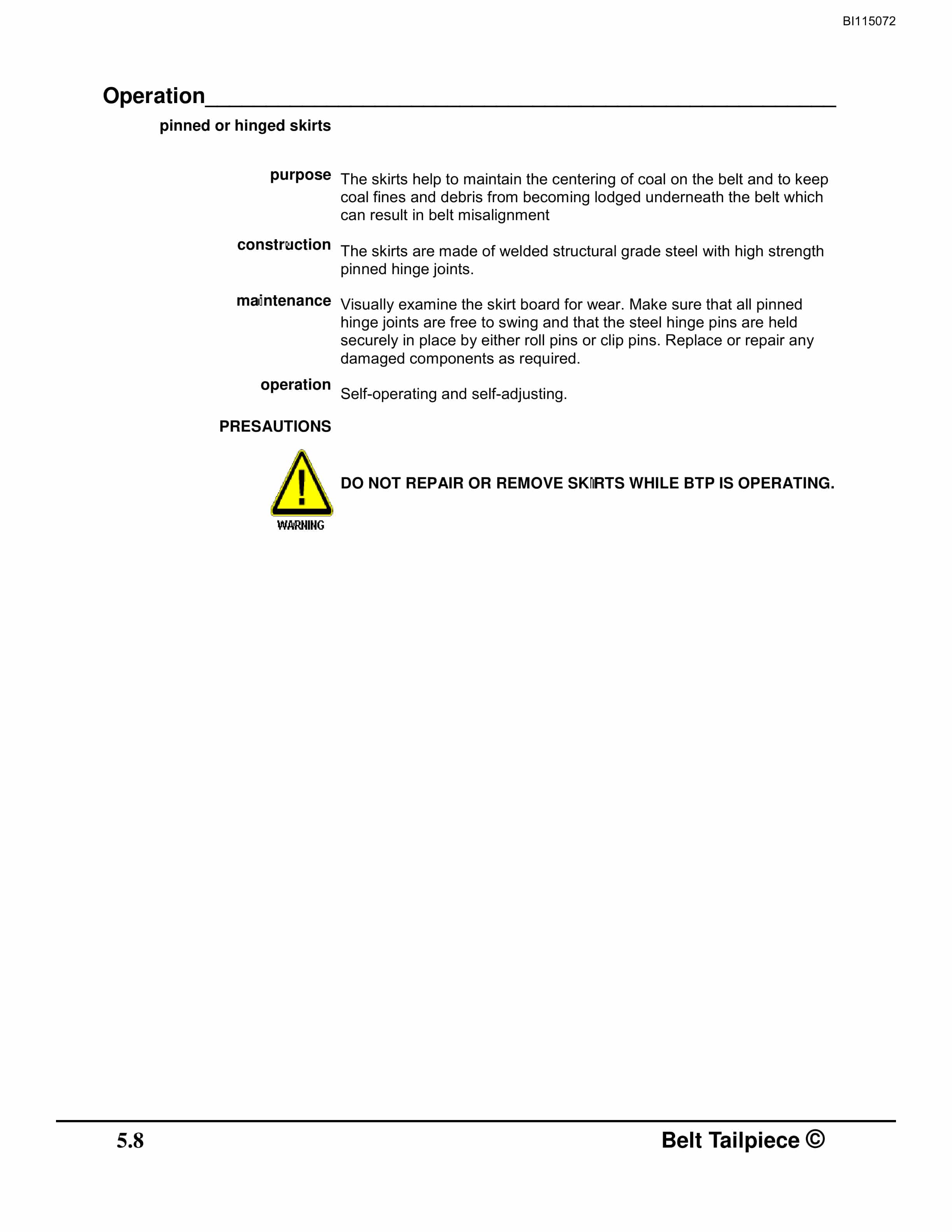Bucyrus Skid Mounted Belt Tailpiece Technical Manual BI115072-2