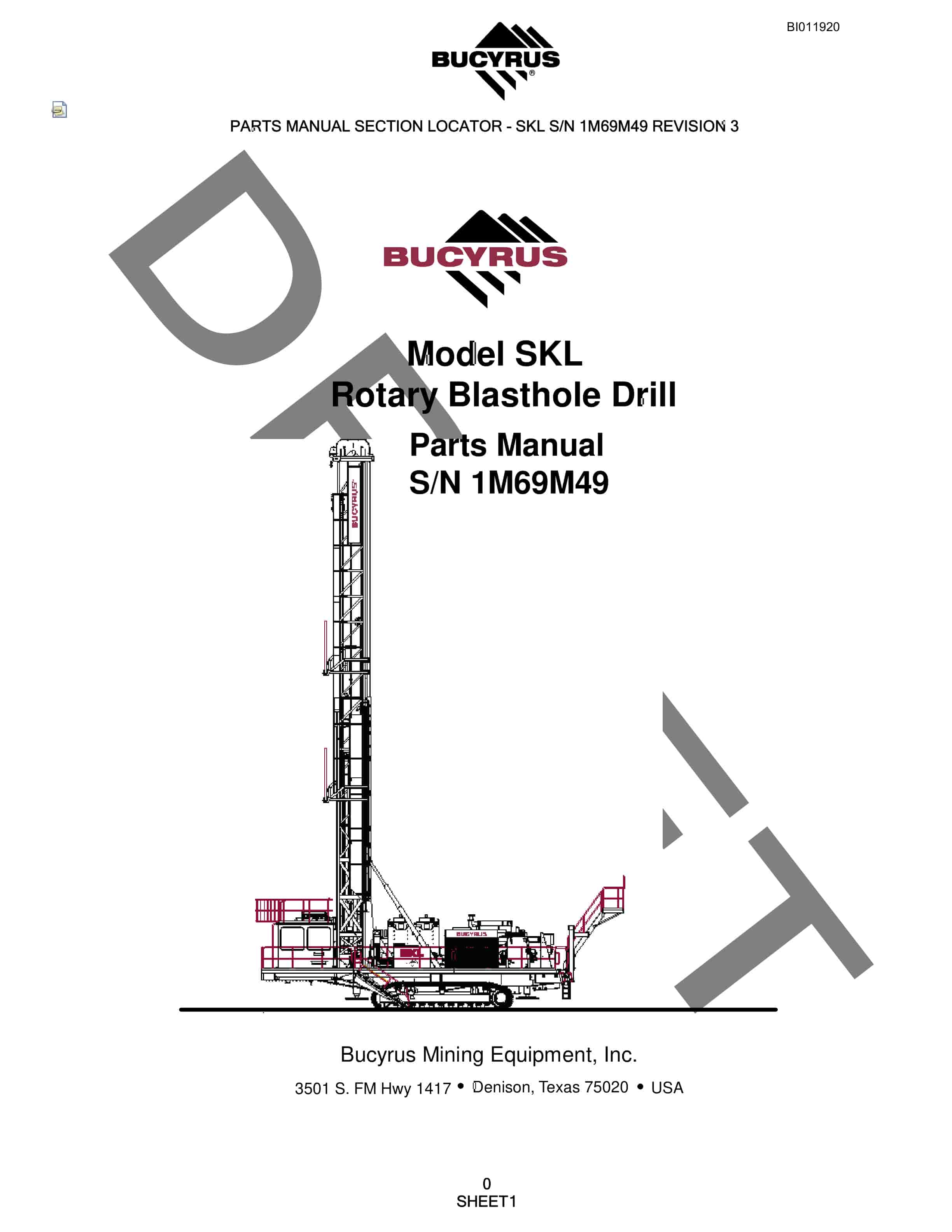 Bucyrus SKL Rotary Blasthole Drill Parts Manual BI011920