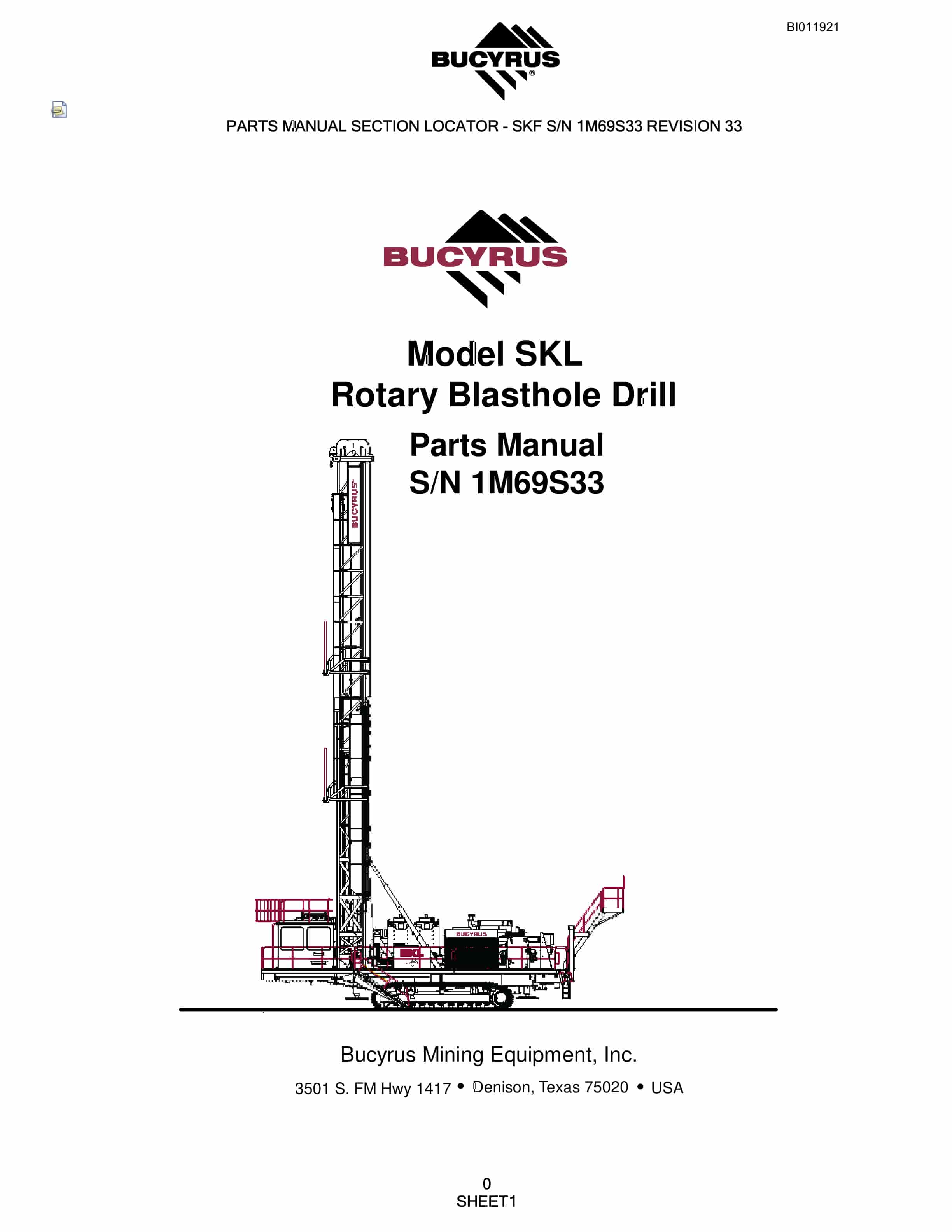 Bucyrus SKL Rotary Blasthole Drill Parts Manual BI011921