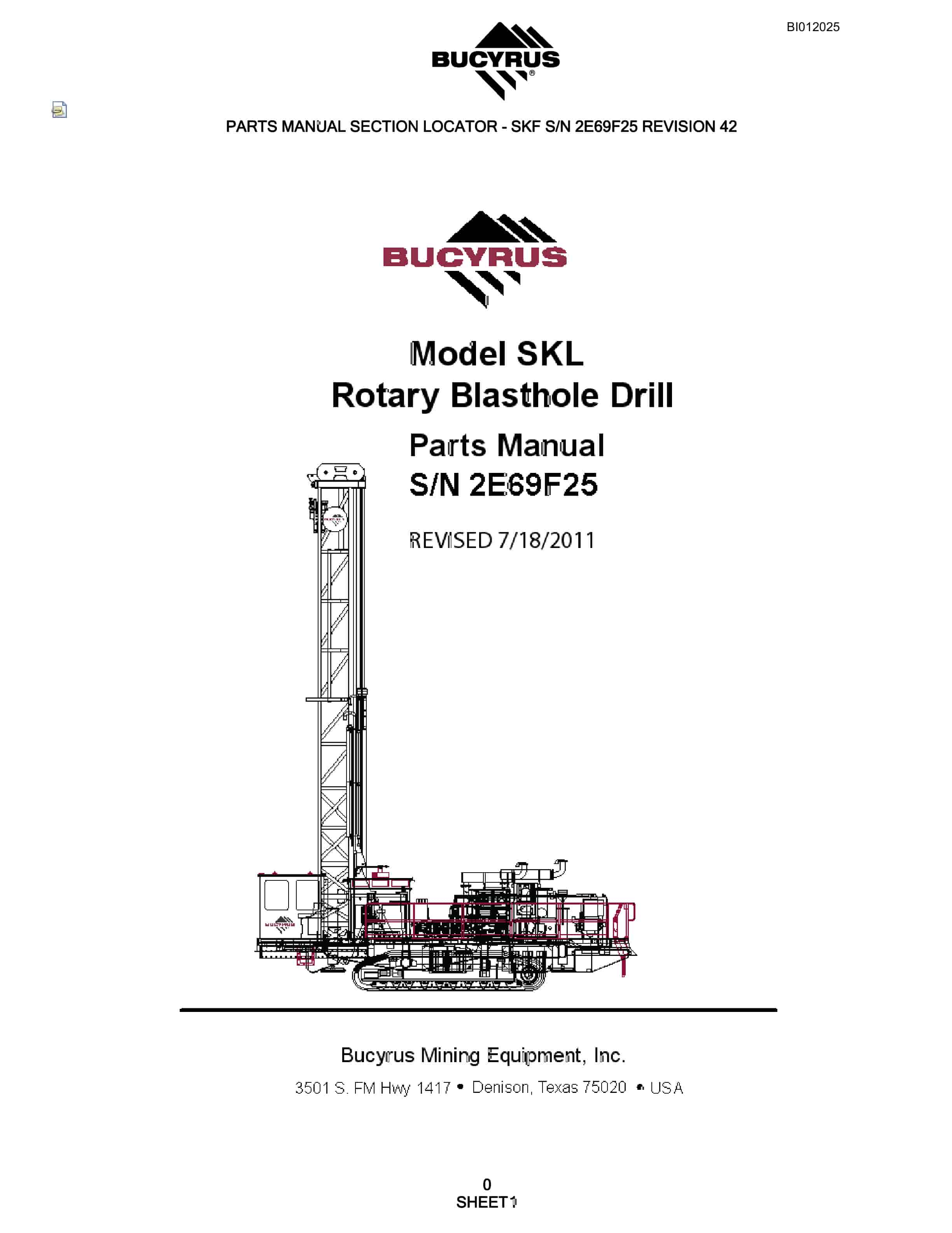 Bucyrus SKL Rotary Blasthole Drill Parts Manual BI012025
