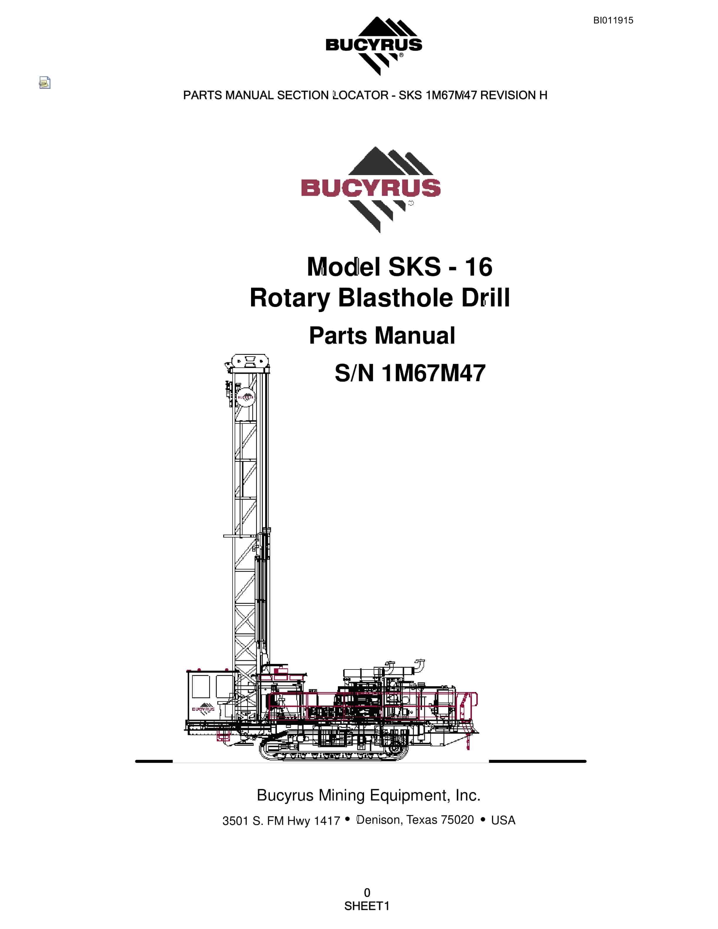 Bucyrus SKS-16 Rotary Blasthole Drill Parts Manual BI011915