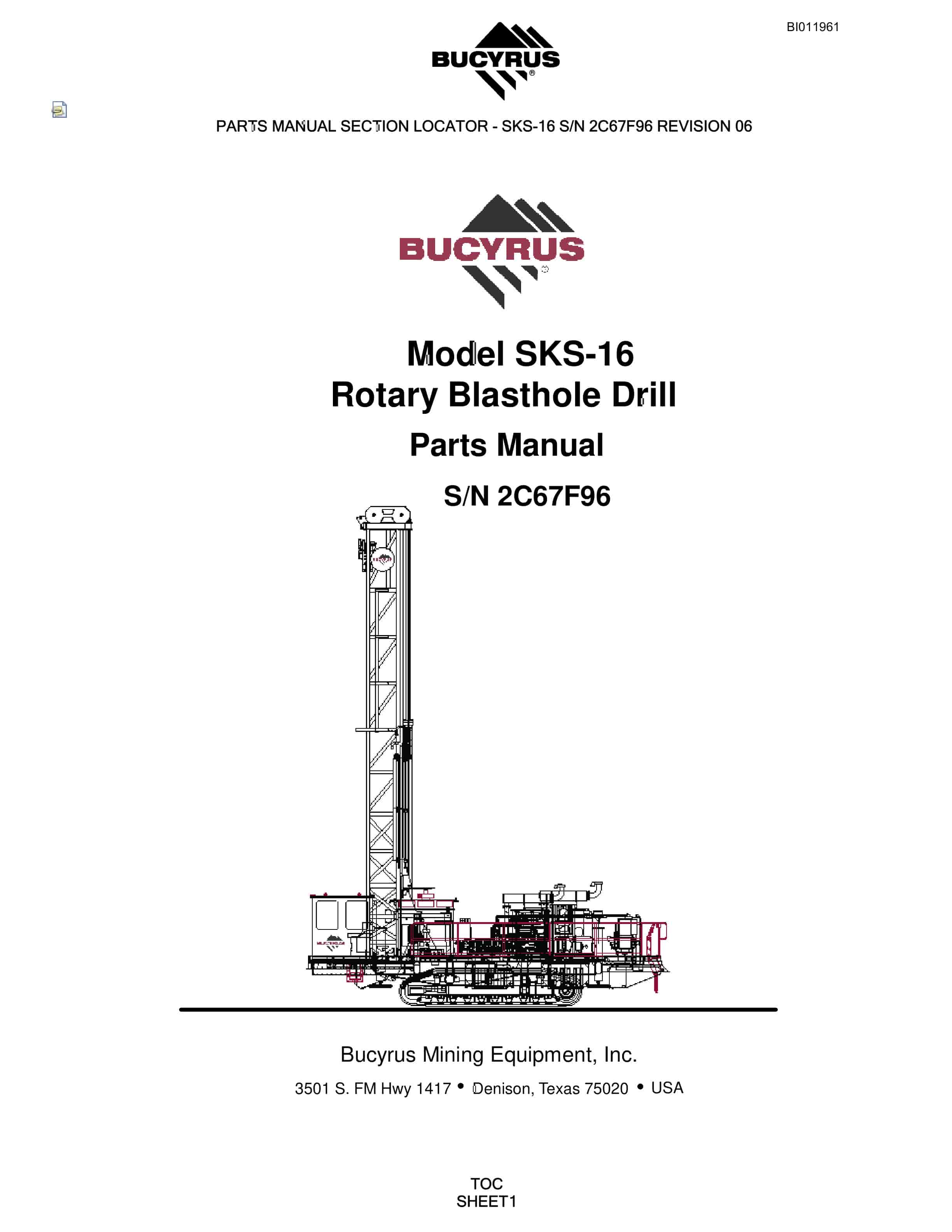 Bucyrus SKS-16 Rotary Blasthole Drill Parts Manual BI011961