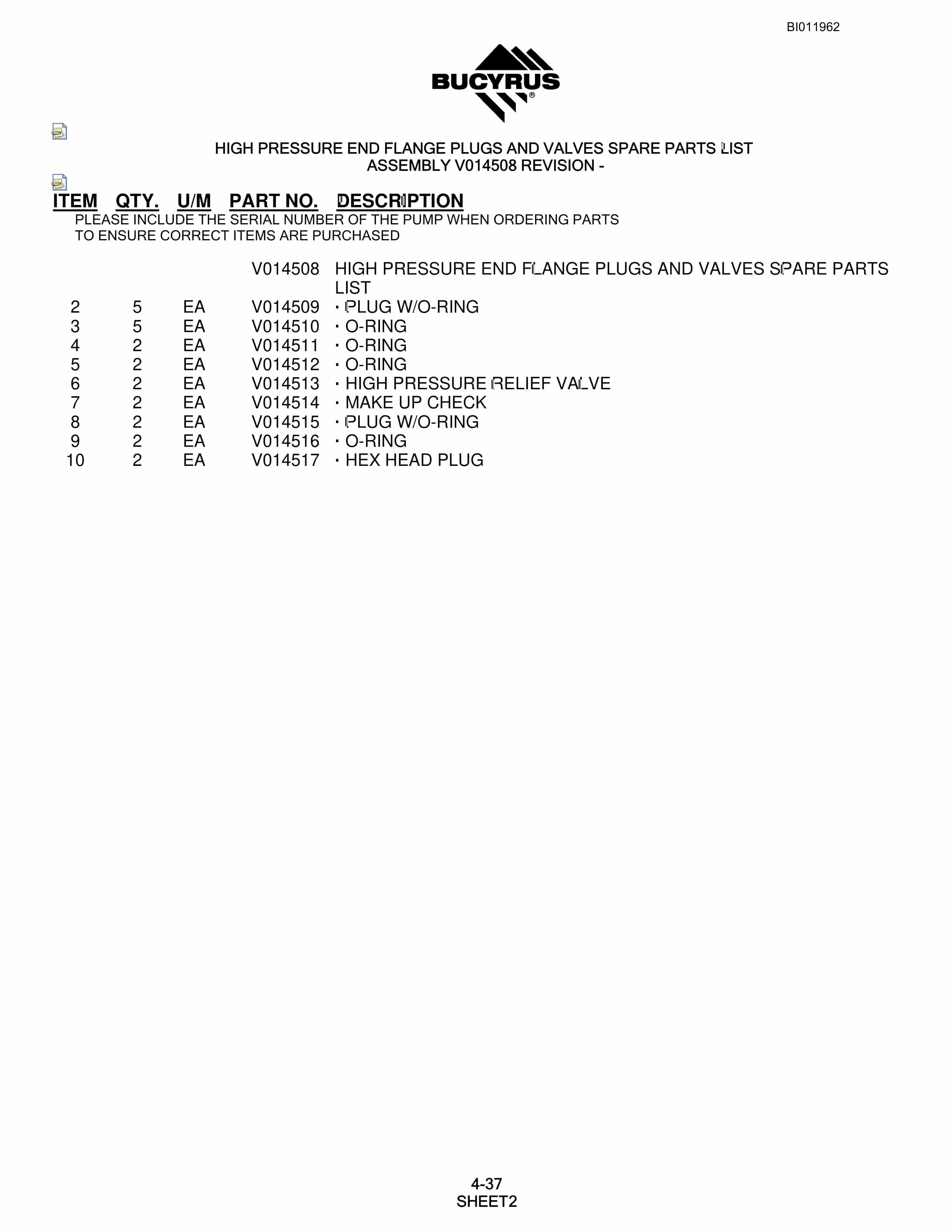 Bucyrus SKS-16 Rotary Blasthole Drill Parts Manual BI011962-2