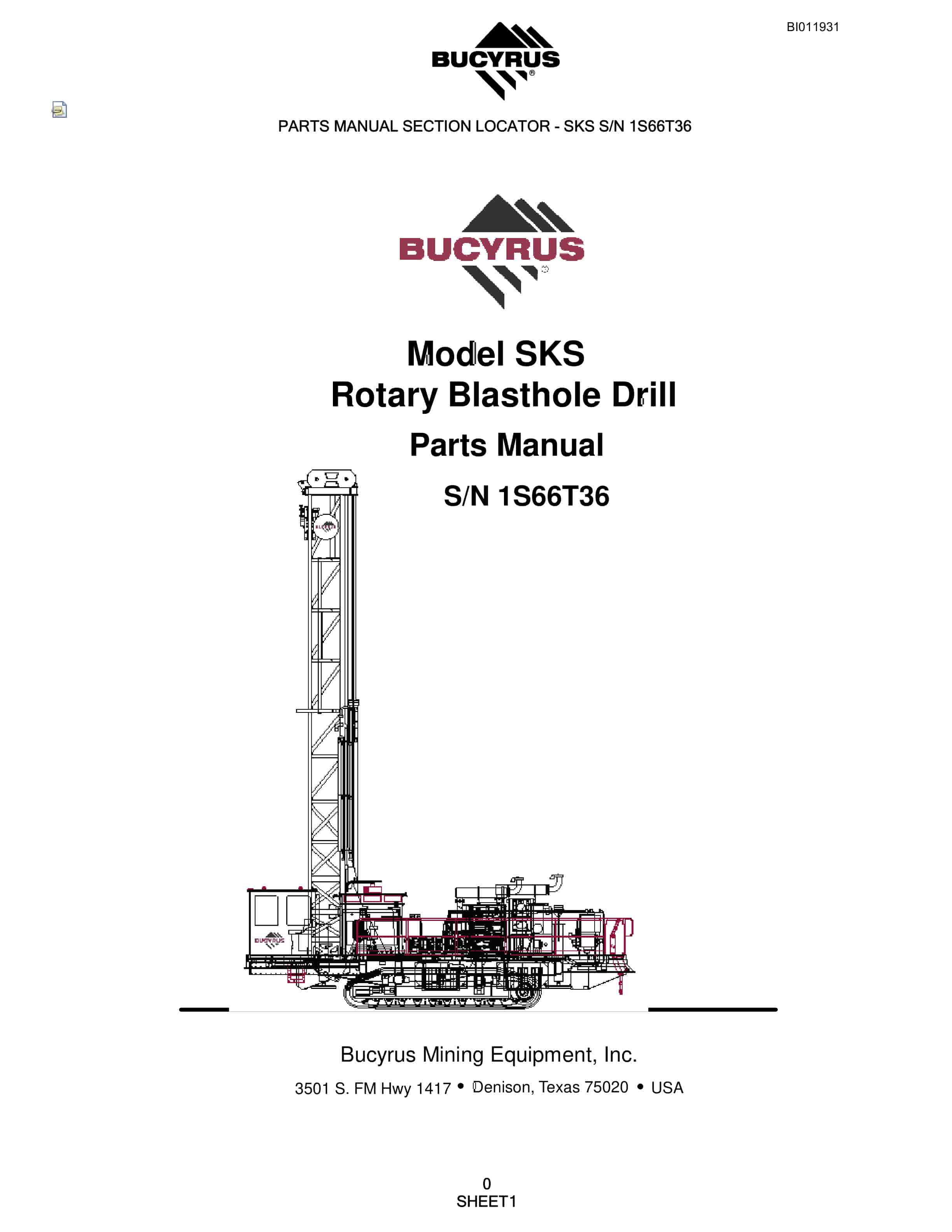 Bucyrus SKS Rotary Blasthole Drill Parts Manual BI011931