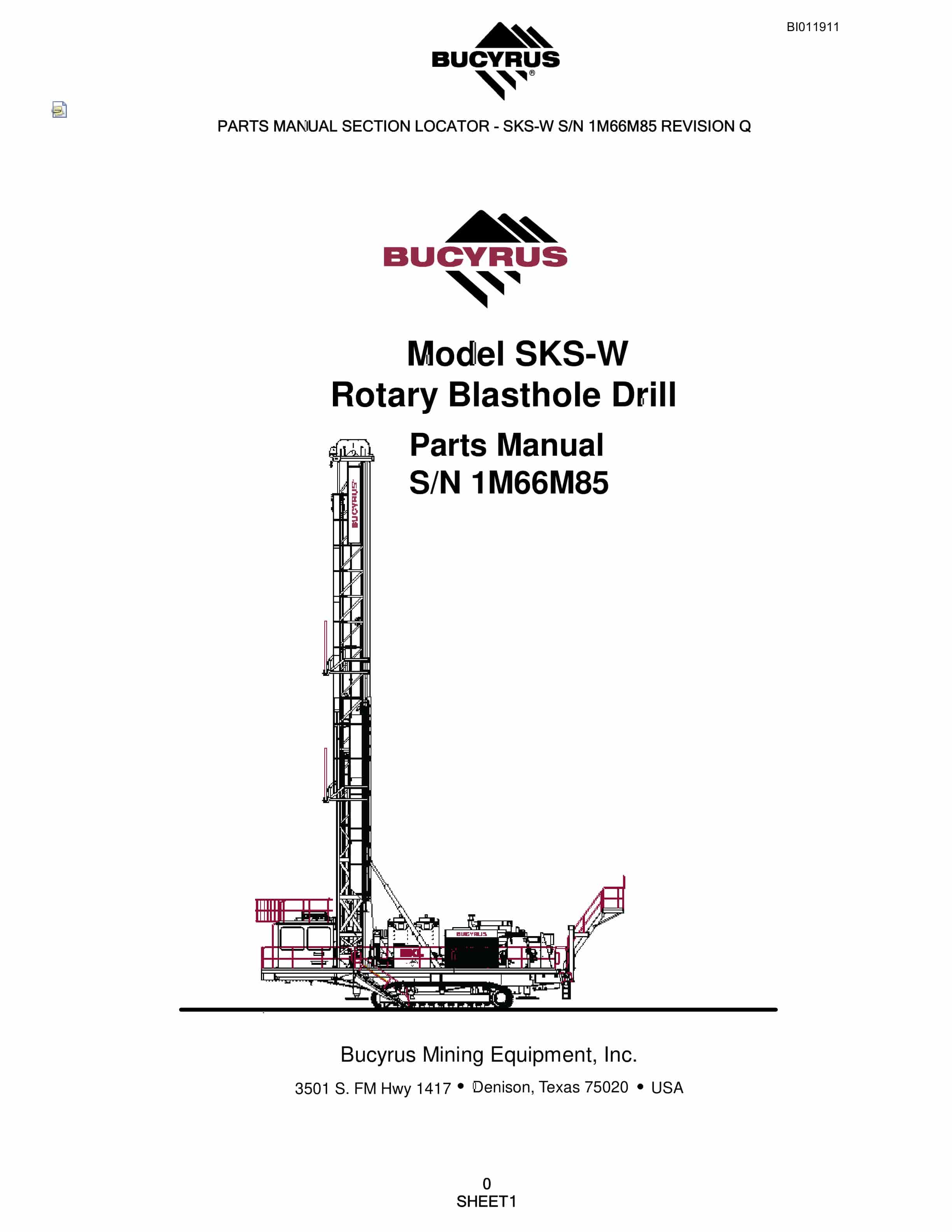 Bucyrus SKS-W Rotary Blasthole Drill Parts Manual BI011911