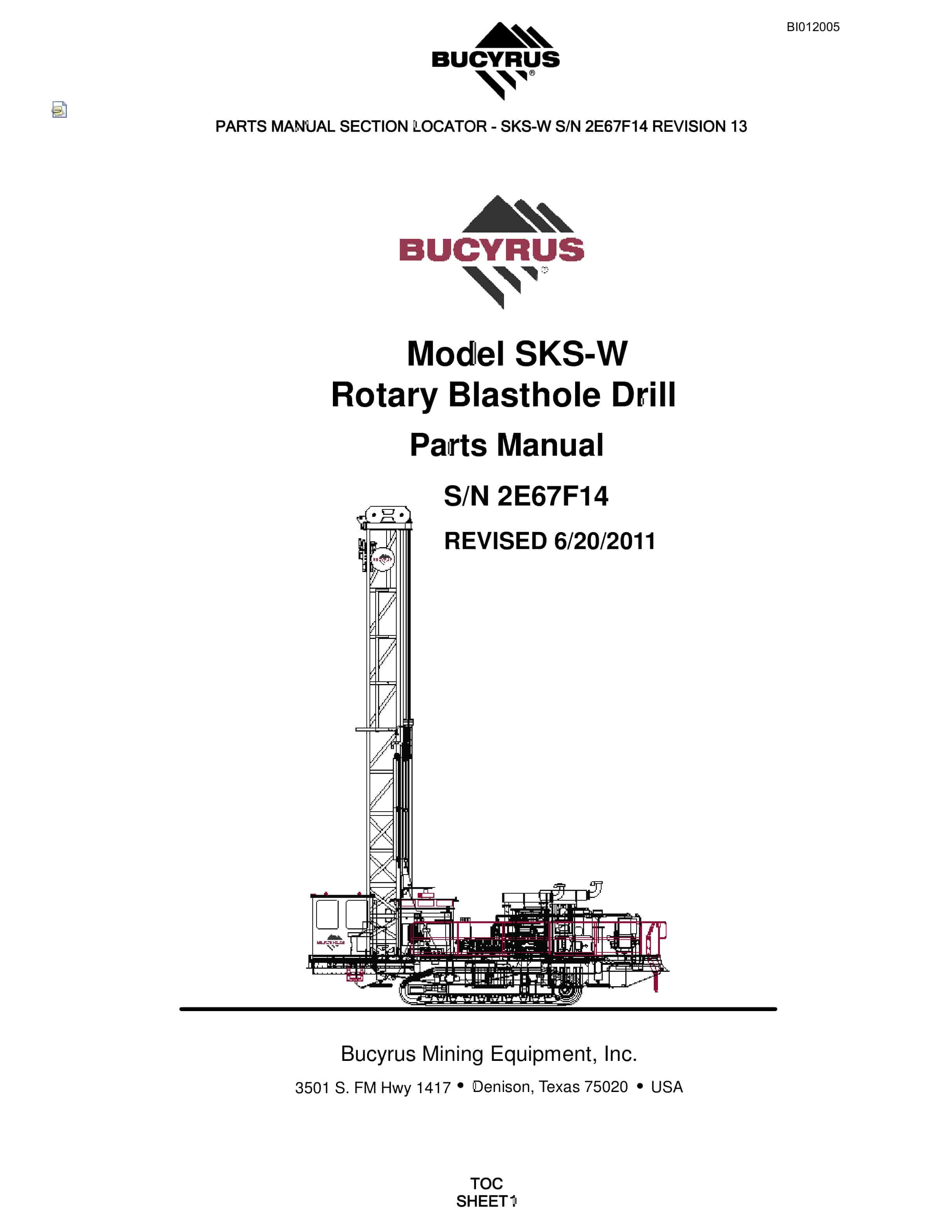 Bucyrus SKS-W Rotary Blasthole Drill Parts Manual BI012005