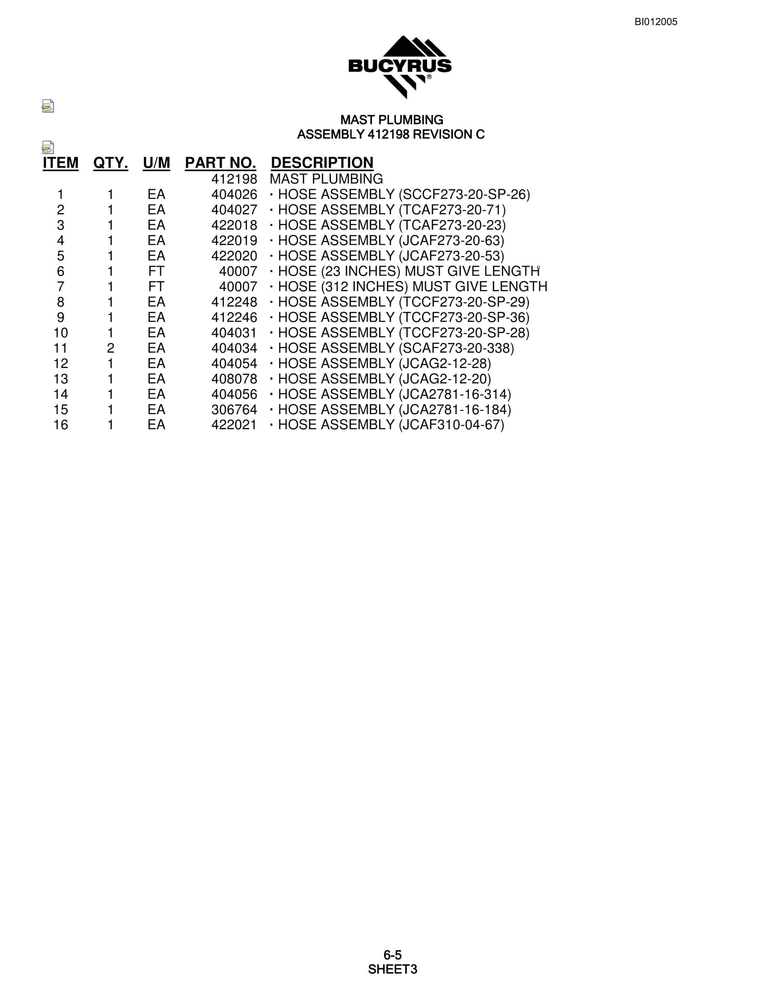 Bucyrus SKS-W Rotary Blasthole Drill Parts Manual BI012005-2