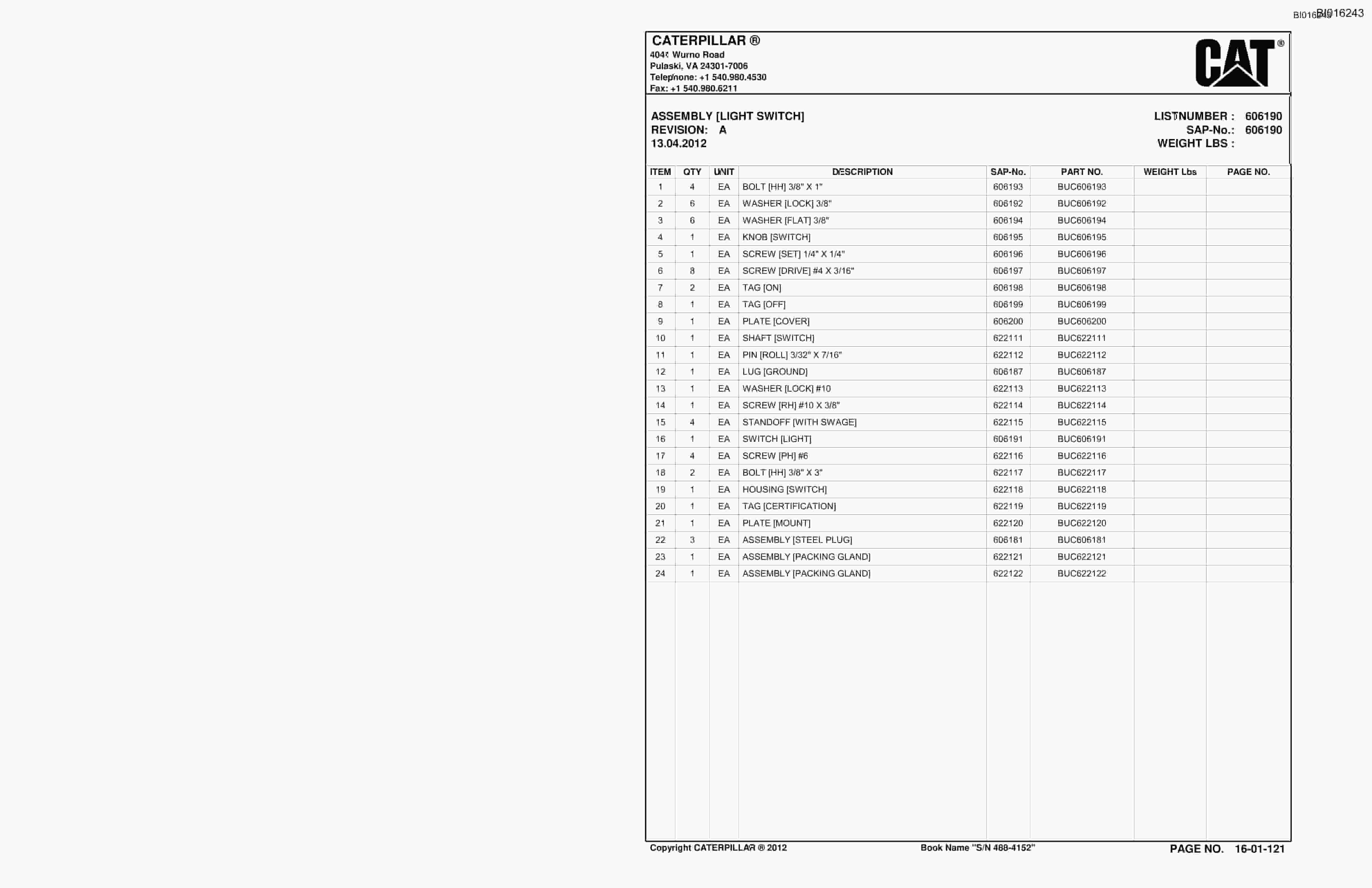 Bucyrus SU488 L Scoop Parts Catalog BI016243-2