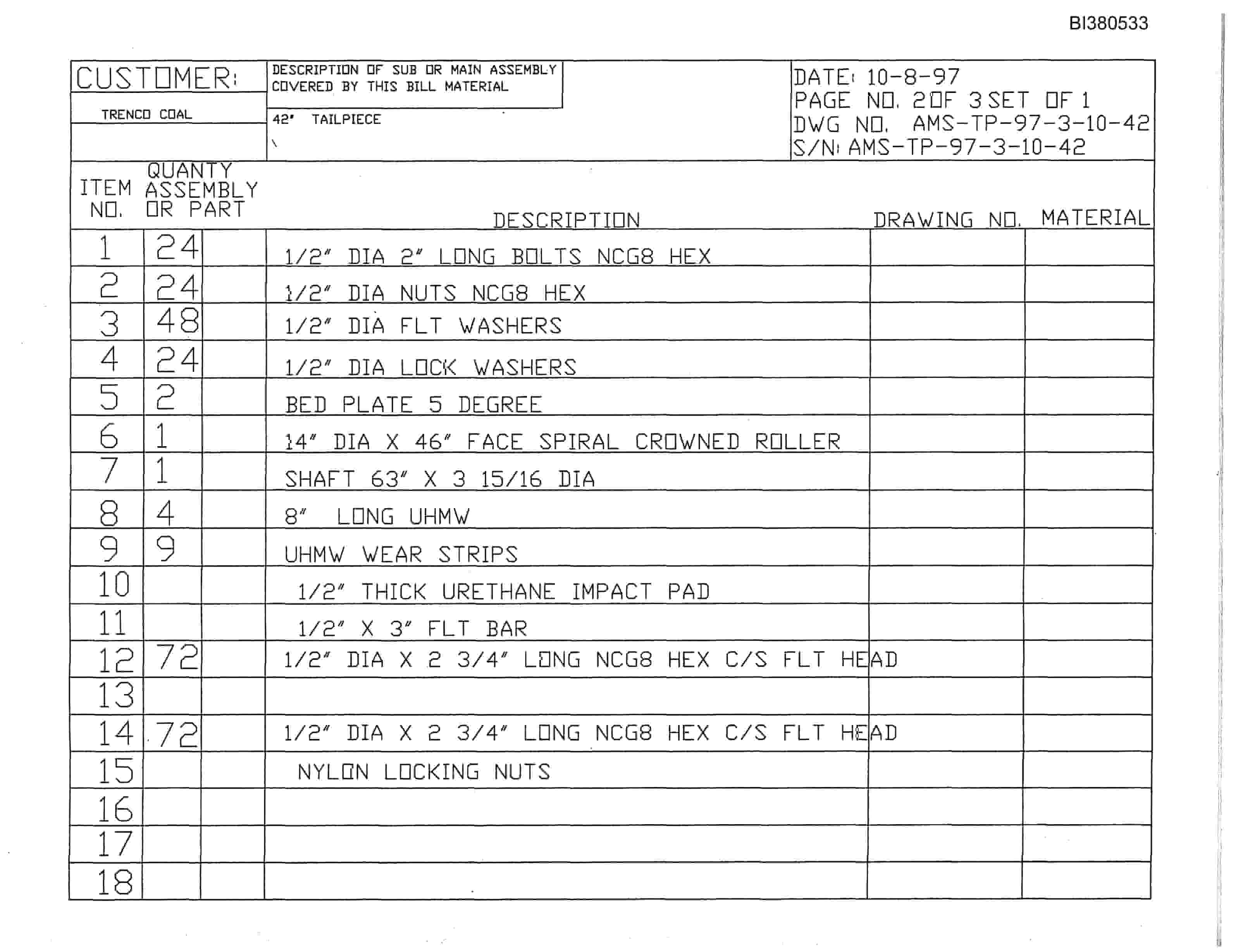 Bucyrus Tailpiece Parts Catalog BI380533-4