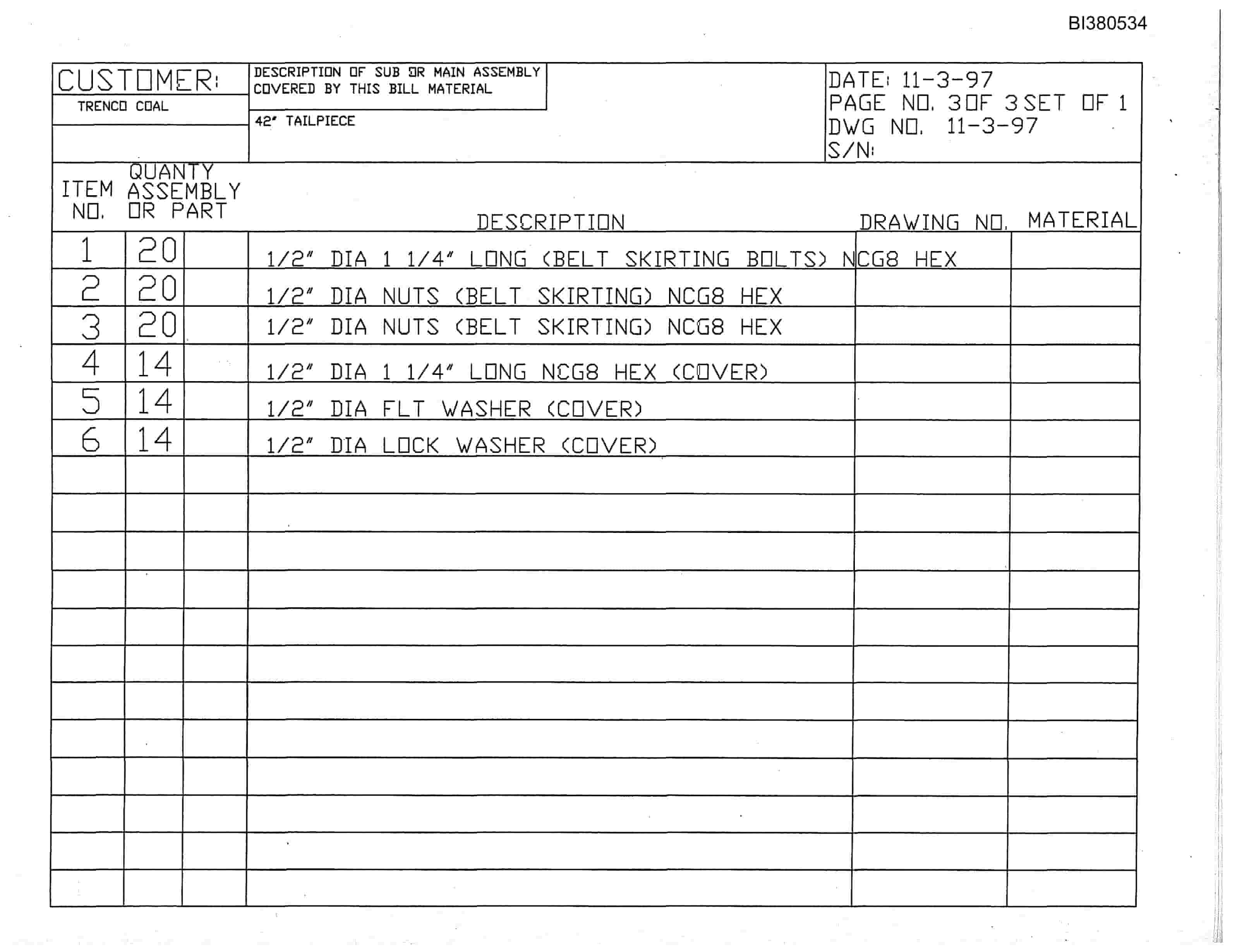 Bucyrus Tailpiece Parts Catalog BI380534-3