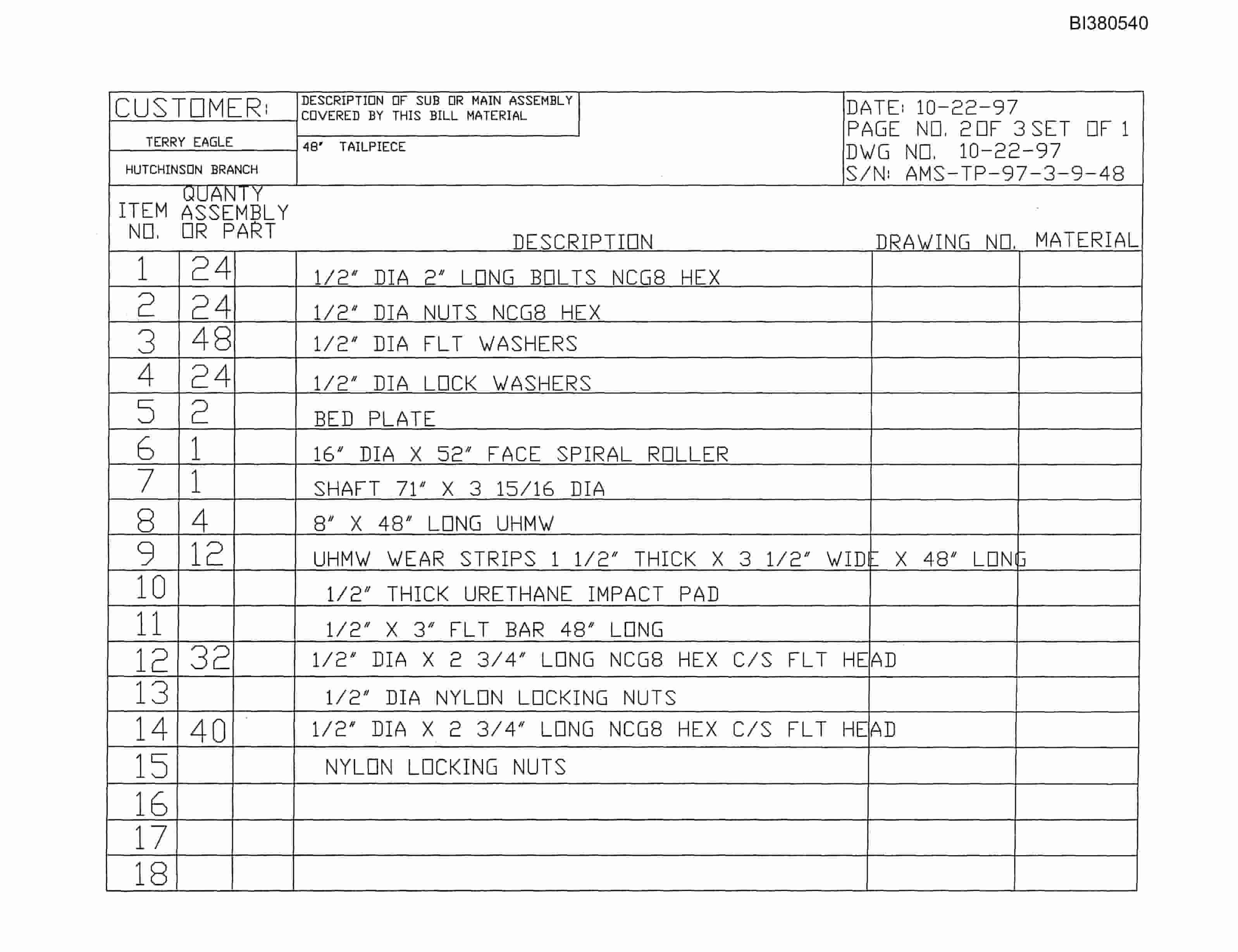 Bucyrus Tailpiece Parts Catalog BI380540-4