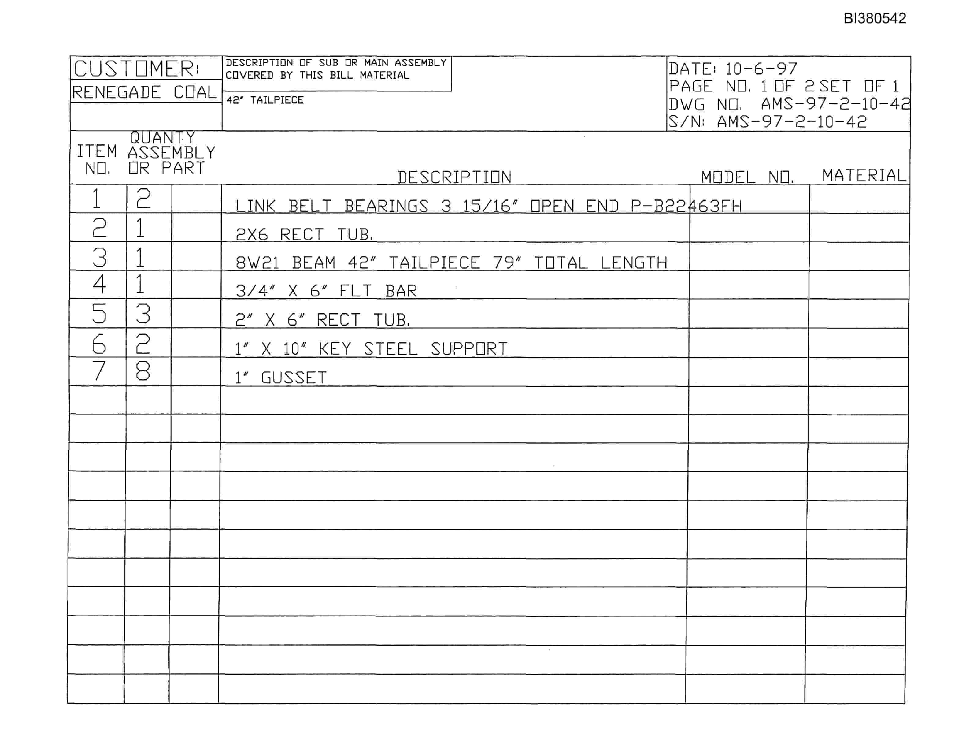 Bucyrus Tailpiece Parts Catalog BI380542-3