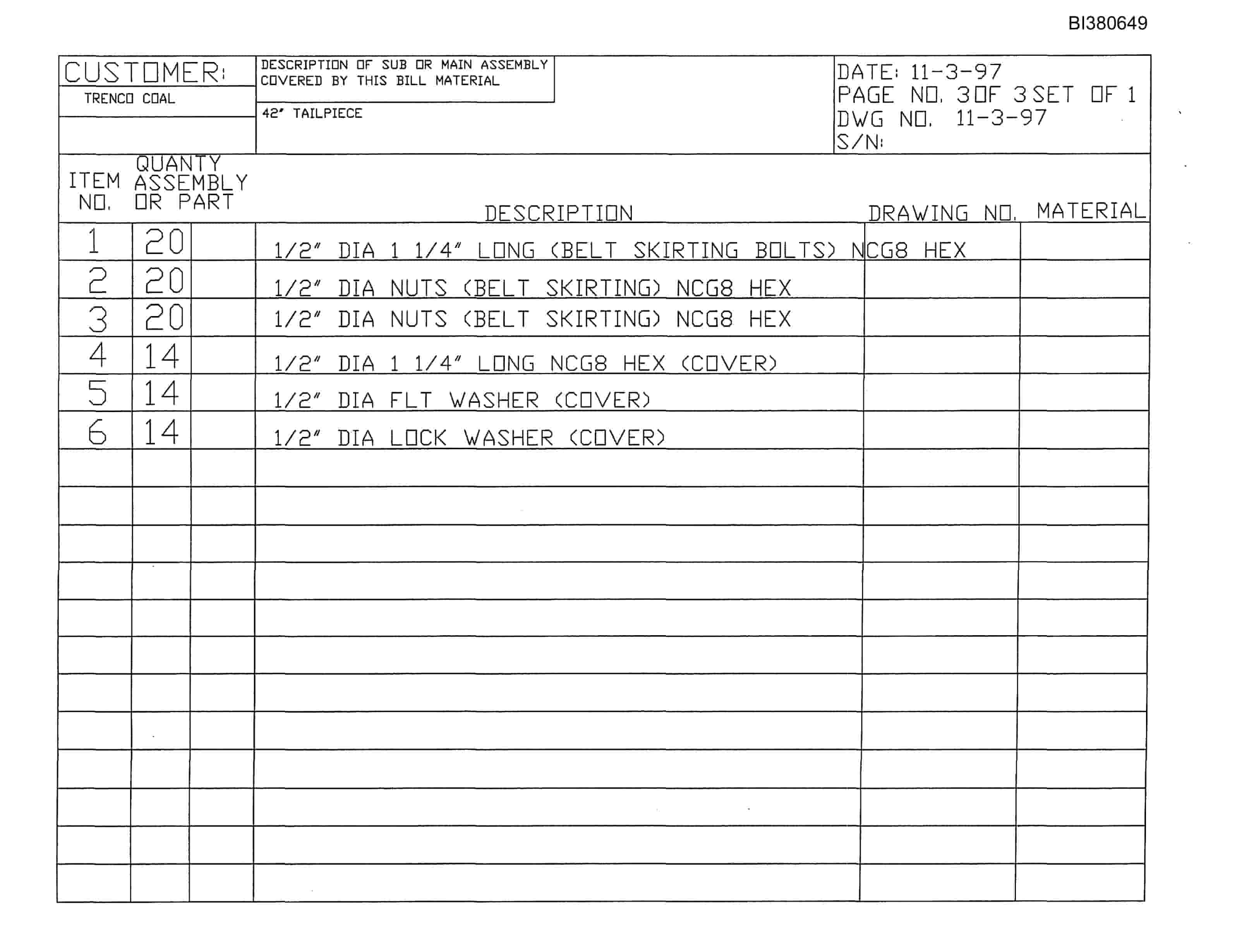 Bucyrus Tailpiece Parts Catalog BI380649-3