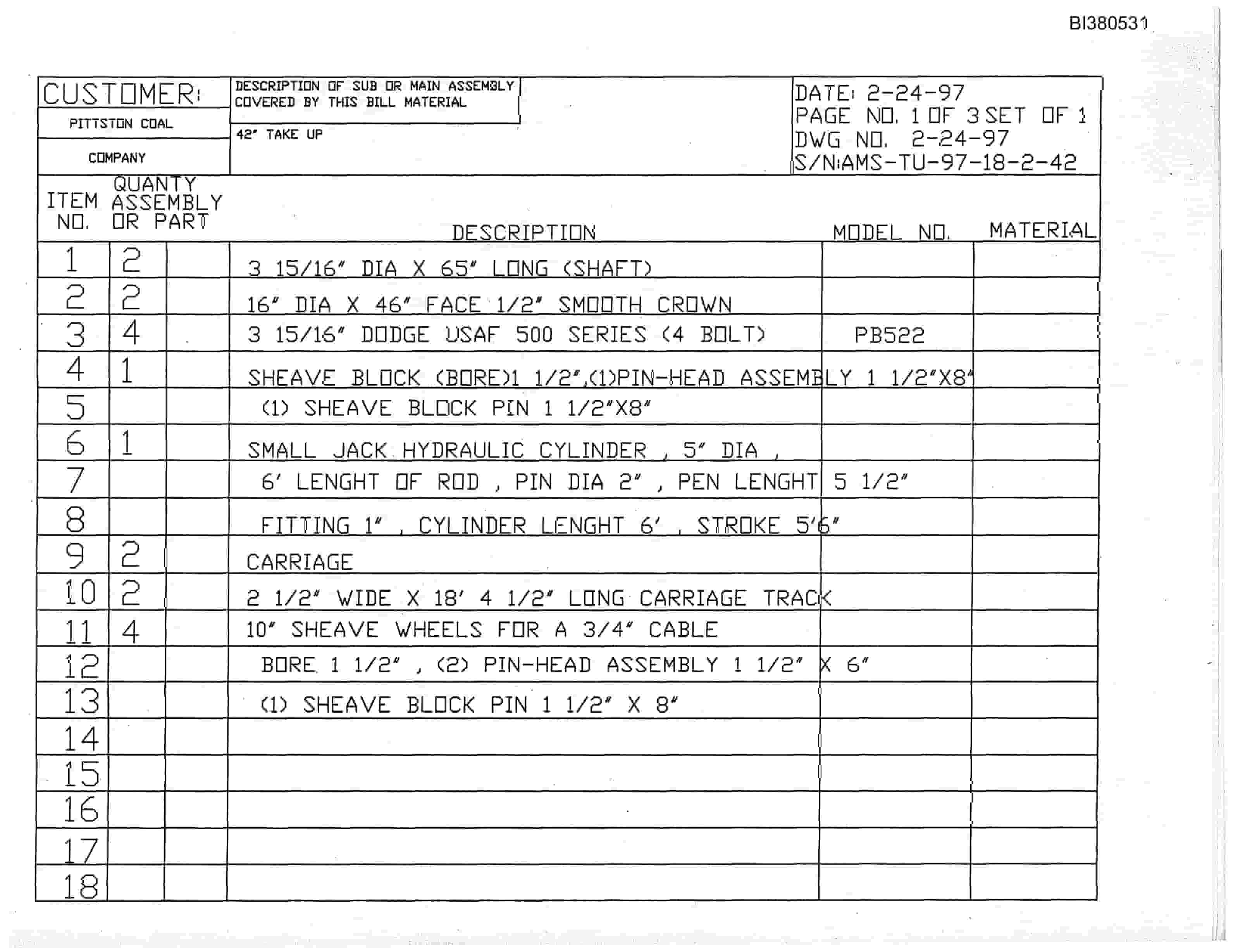 Bucyrus Take-Up Parts Catalog BI380531-2