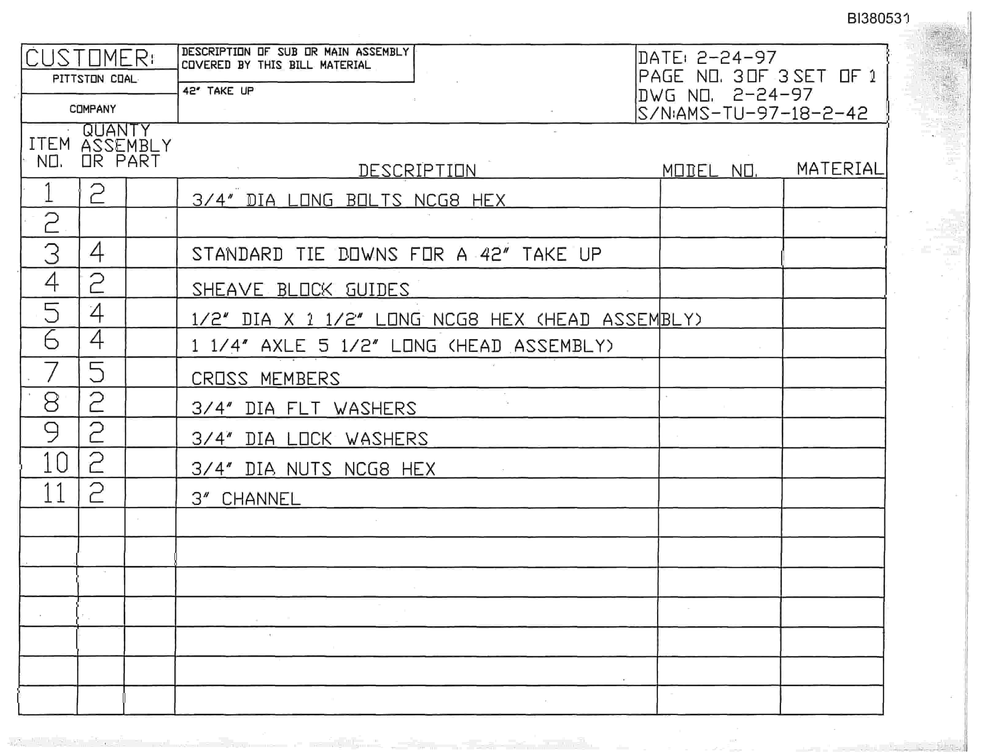 Bucyrus Take-Up Parts Catalog BI380531-4
