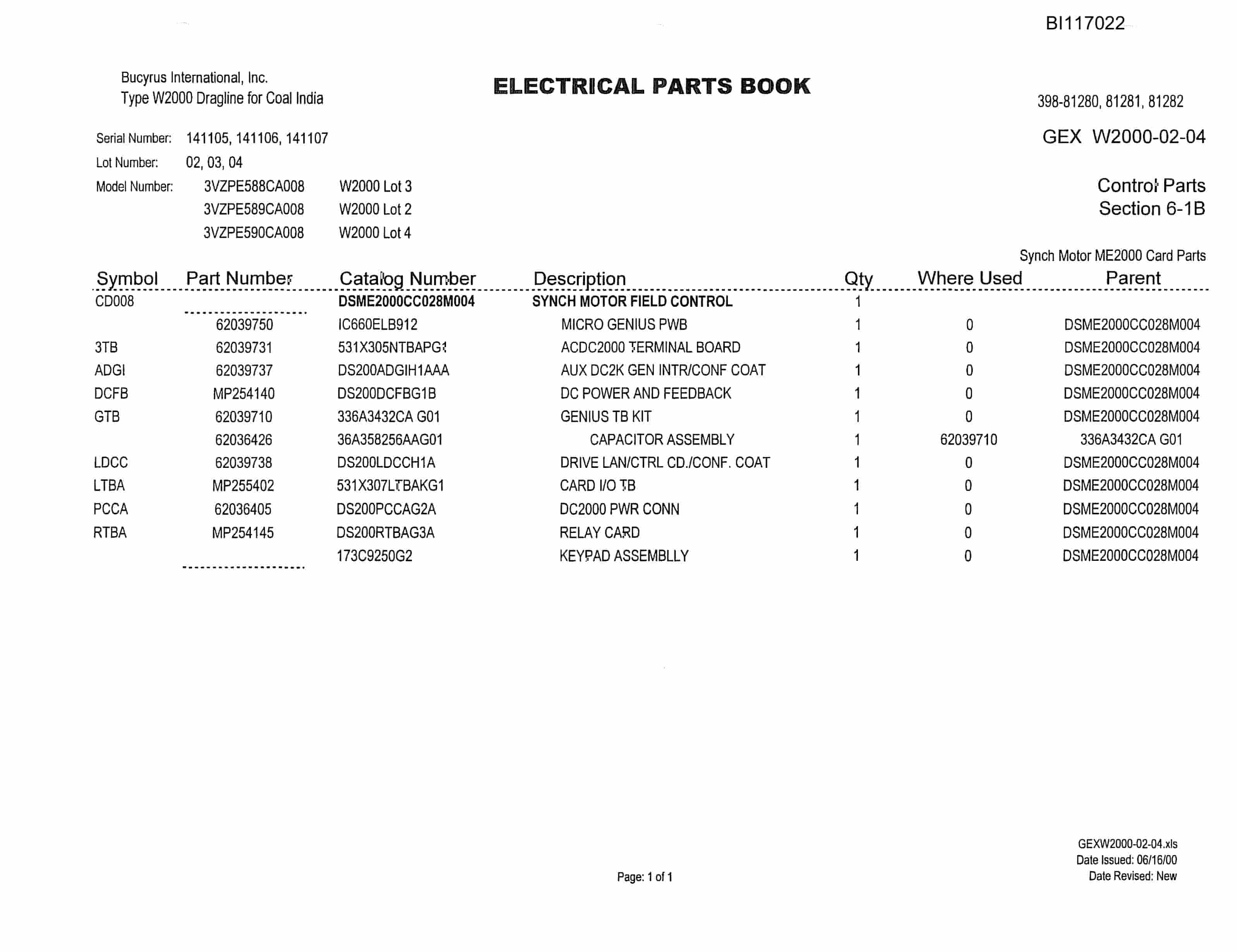 Bucyrus W2000 Dragline Parts Catalog BI117022-3