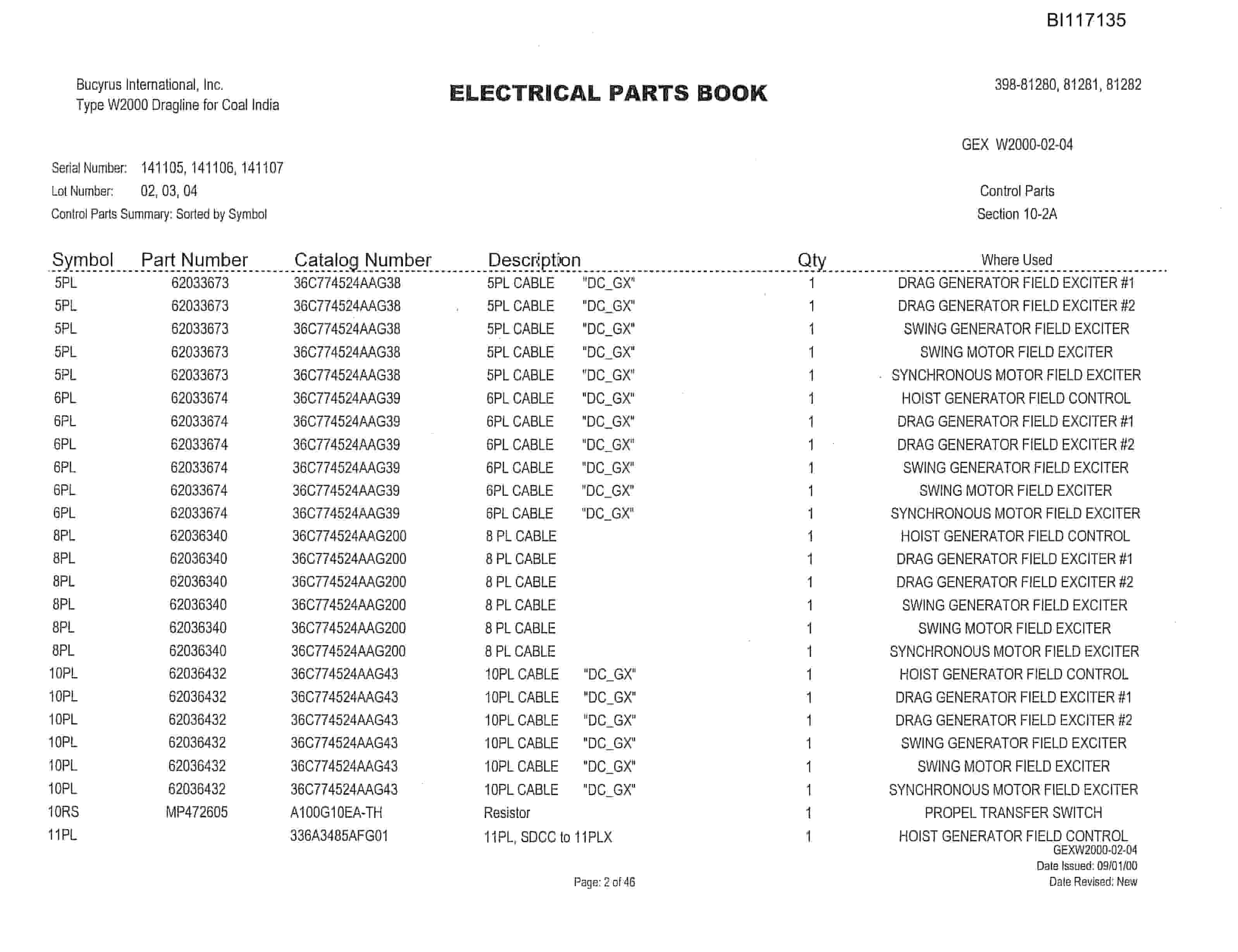 Bucyrus W2000 Dragline Parts Catalog BI117135-2