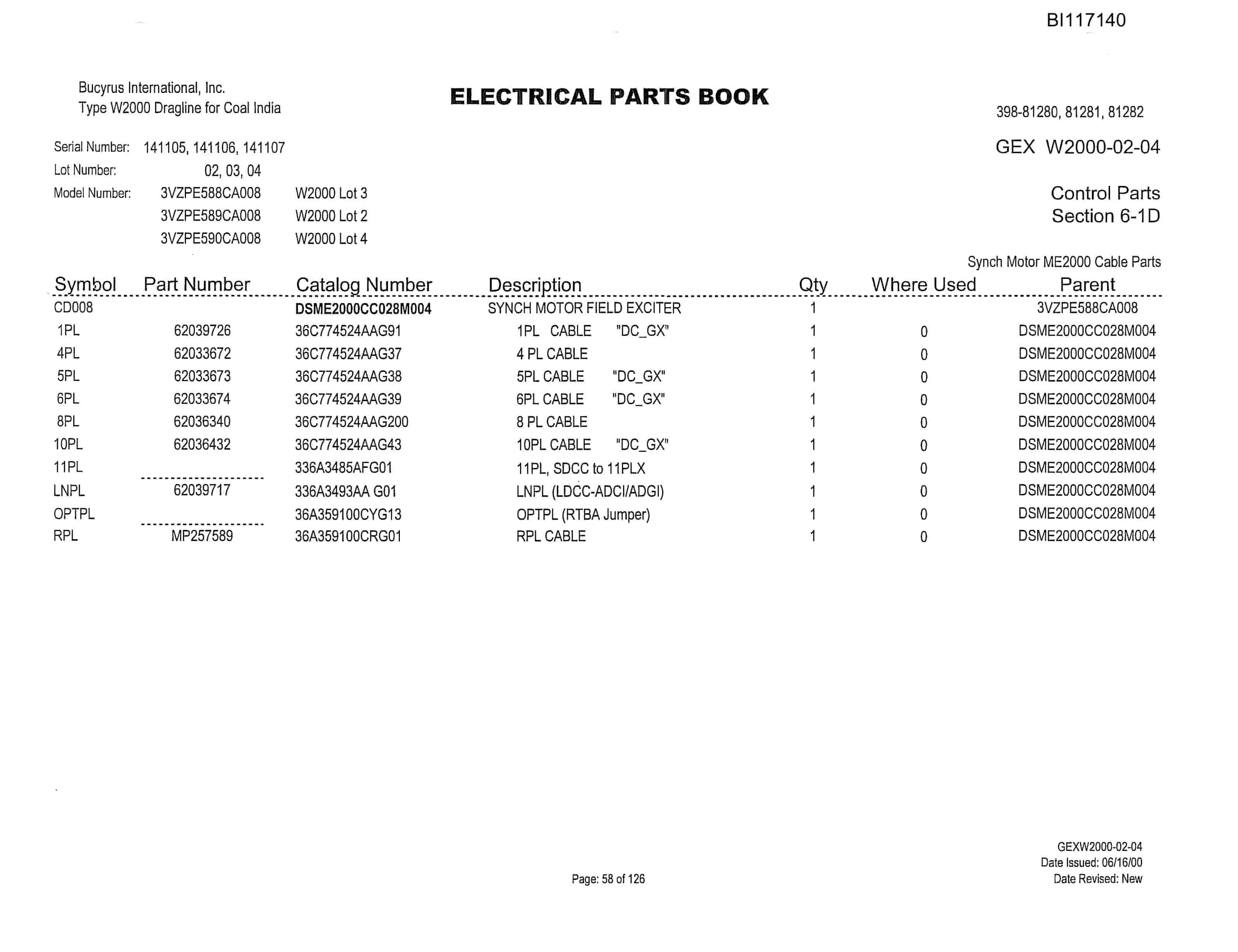 Bucyrus W2000 Dragline Parts Catalog BI117140-4