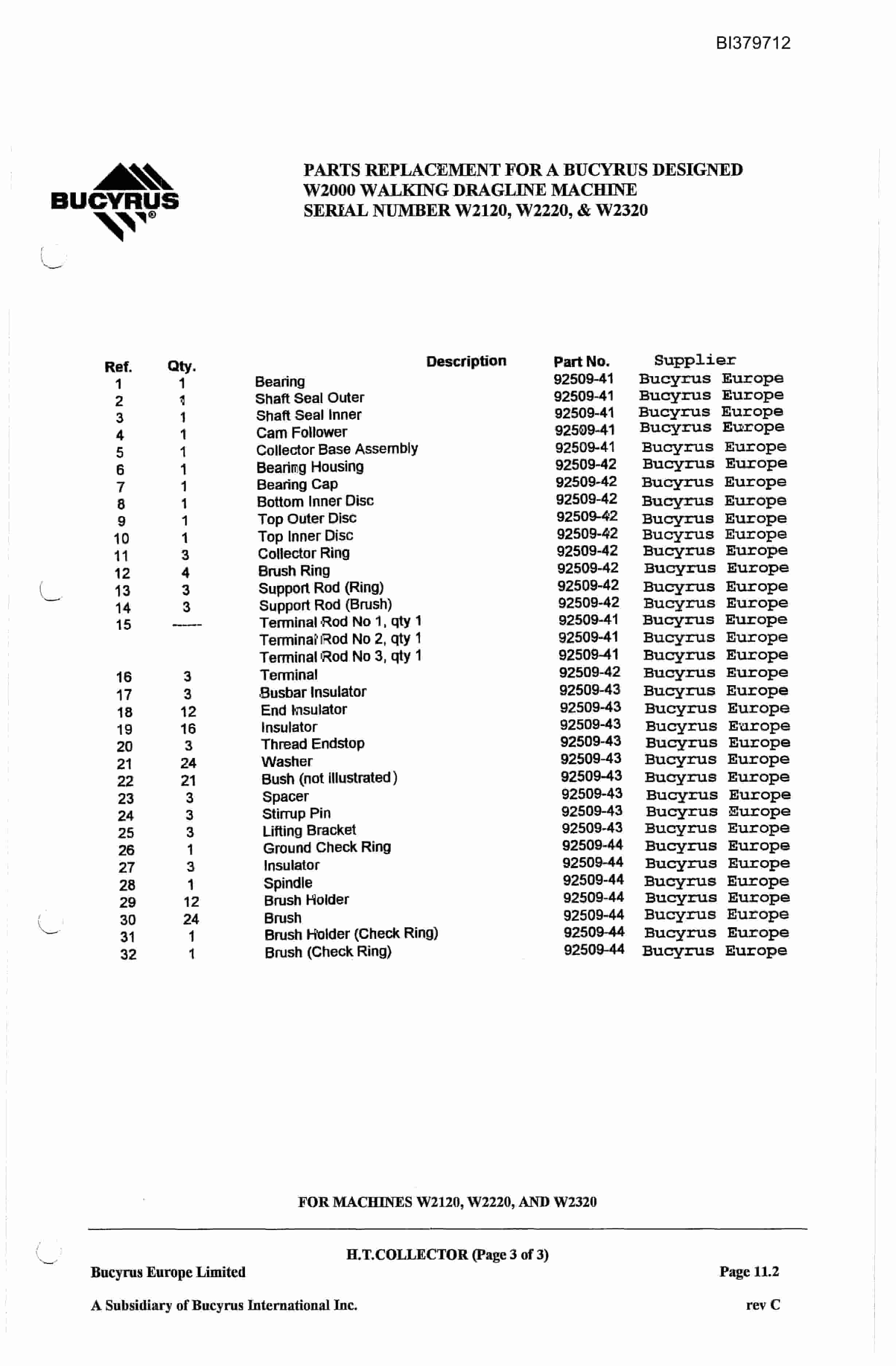 Bucyrus W2000 Walking Dragline Parts Book BI379712-3