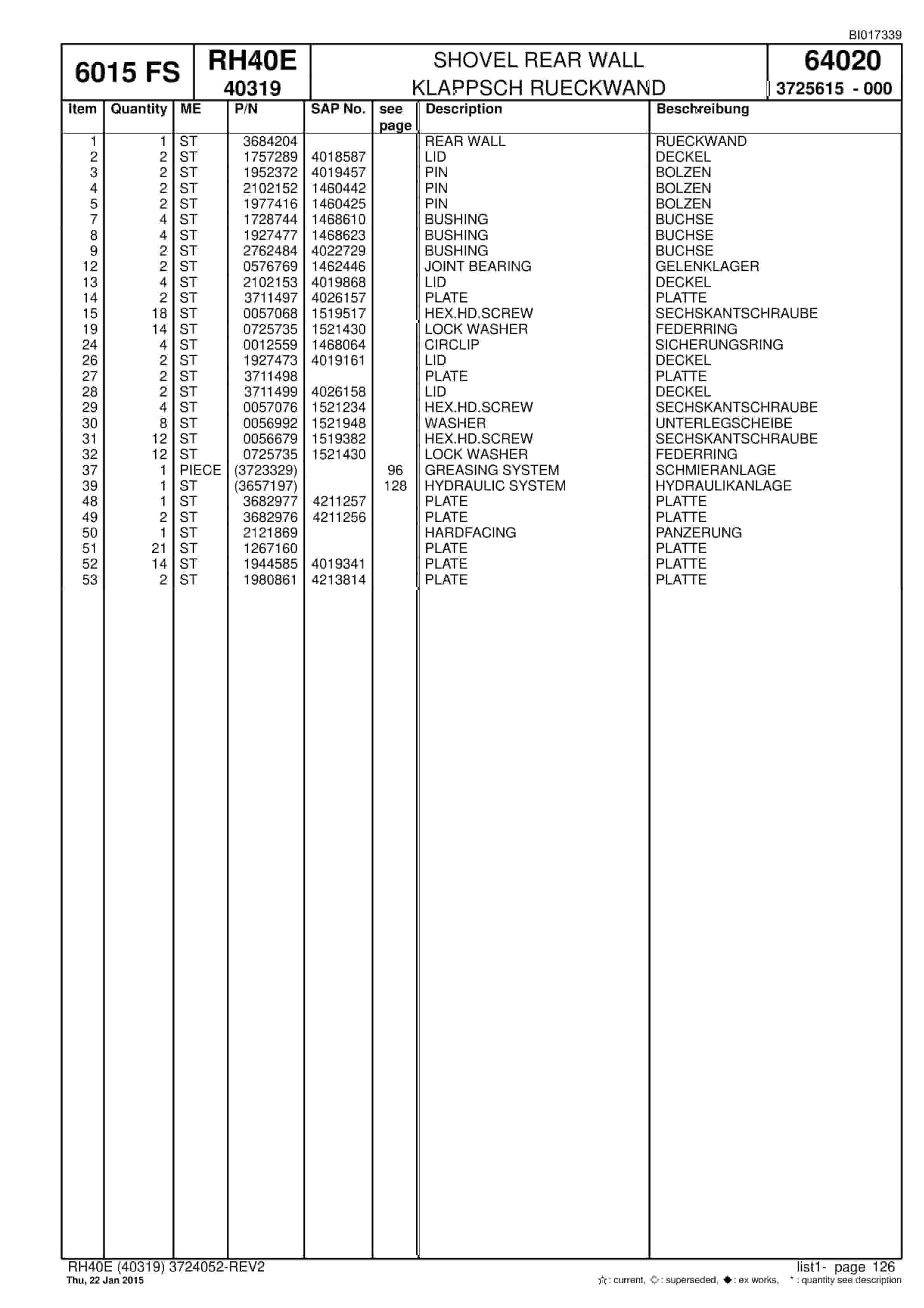 Caterpillar 6015 FS Hydraulic Shovel Spare Parts Manual BI017339-5
