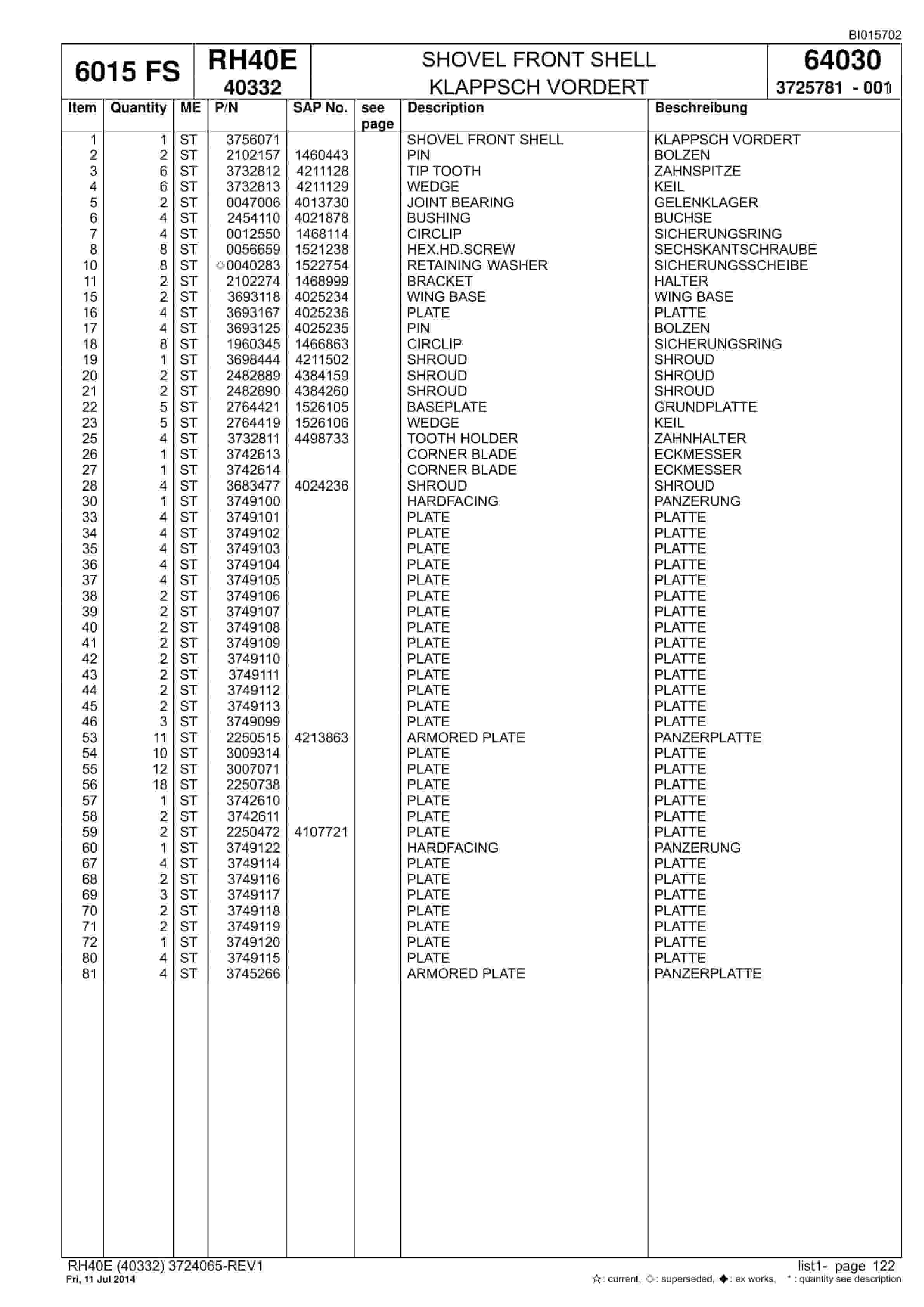 Caterpillar 6018 FS Hydraulic Shovel Spare Parts Manual BI015702-5