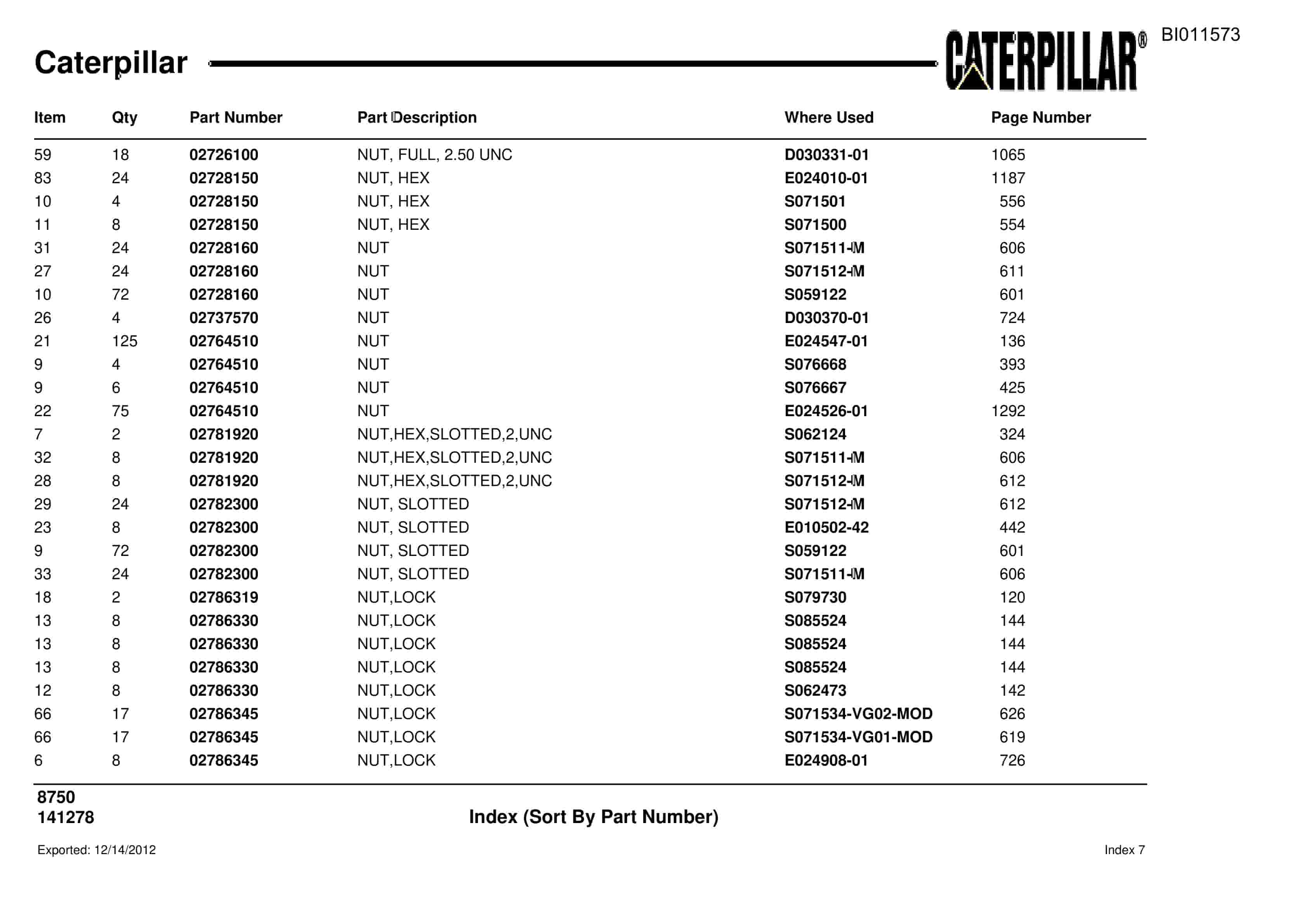 Caterpillar 8750 Parts Manual BI011573-3