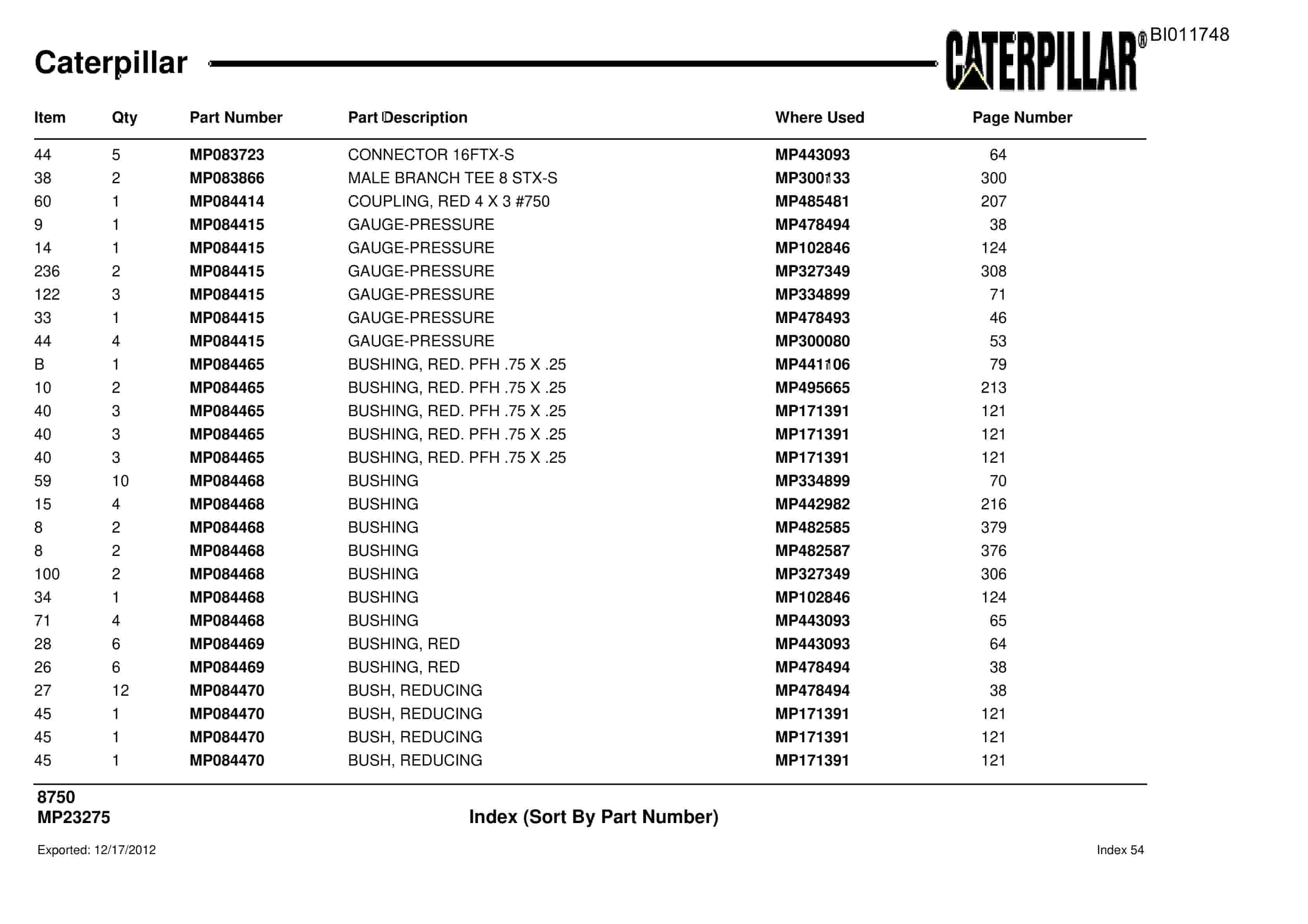 Caterpillar 8750 Parts Manual BI011748-3