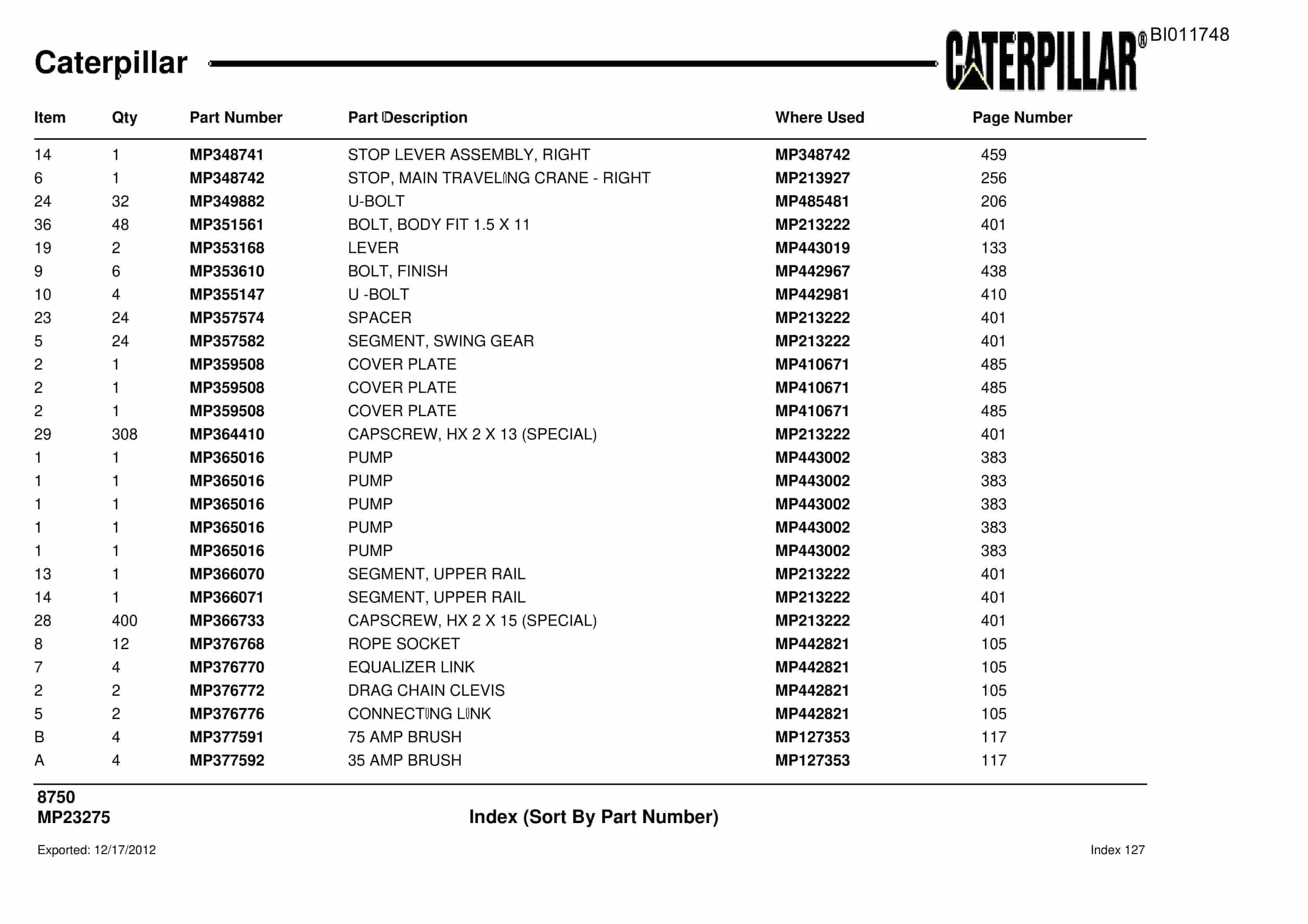 Caterpillar 8750 Parts Manual BI011748-4