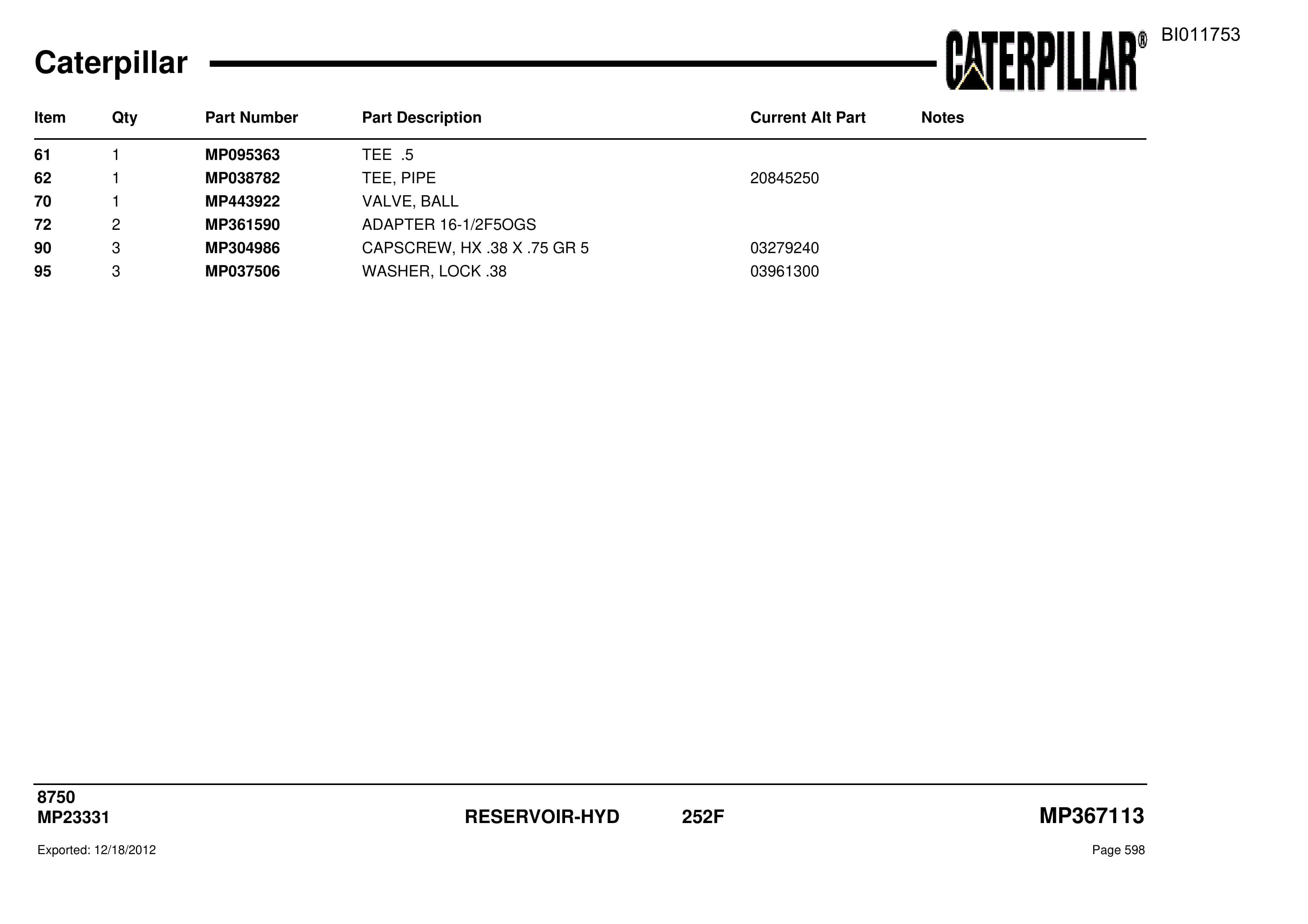 Caterpillar 8750 Parts Manual BI011753-2