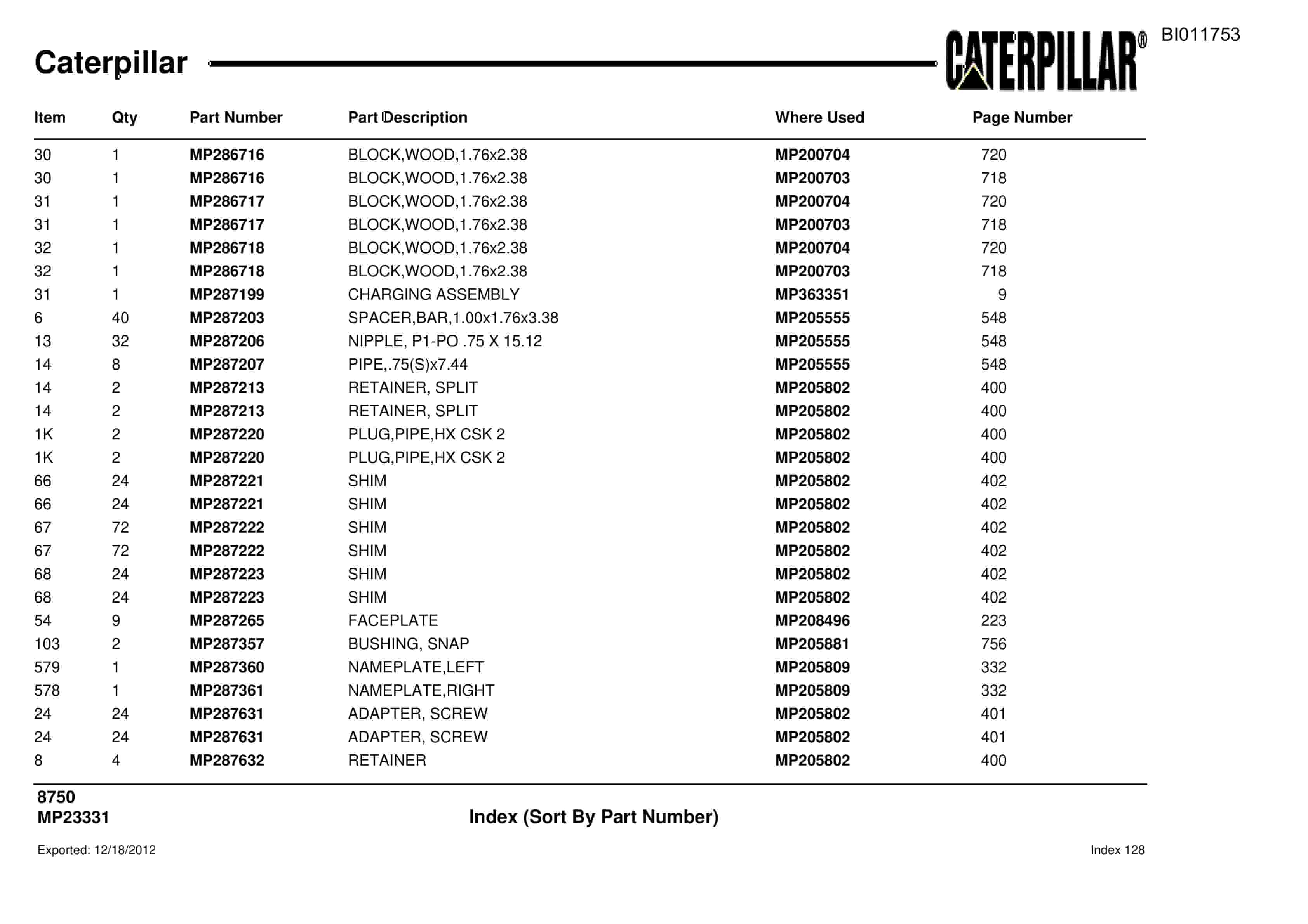 Caterpillar 8750 Parts Manual BI011753-4