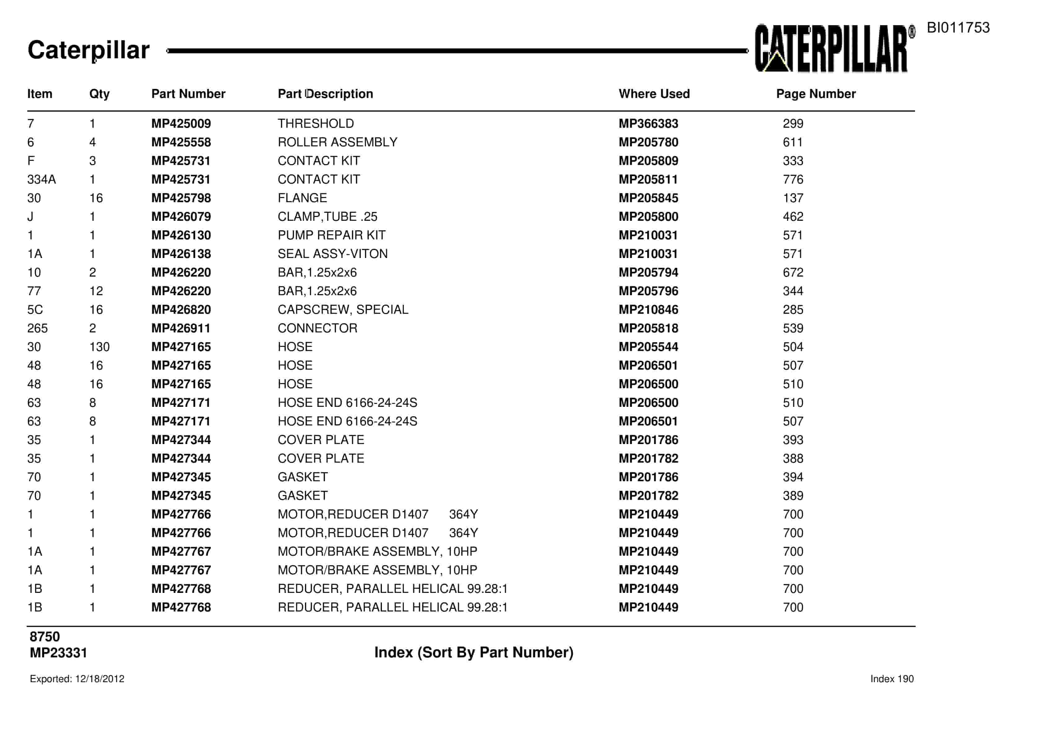 Caterpillar 8750 Parts Manual BI011753-5