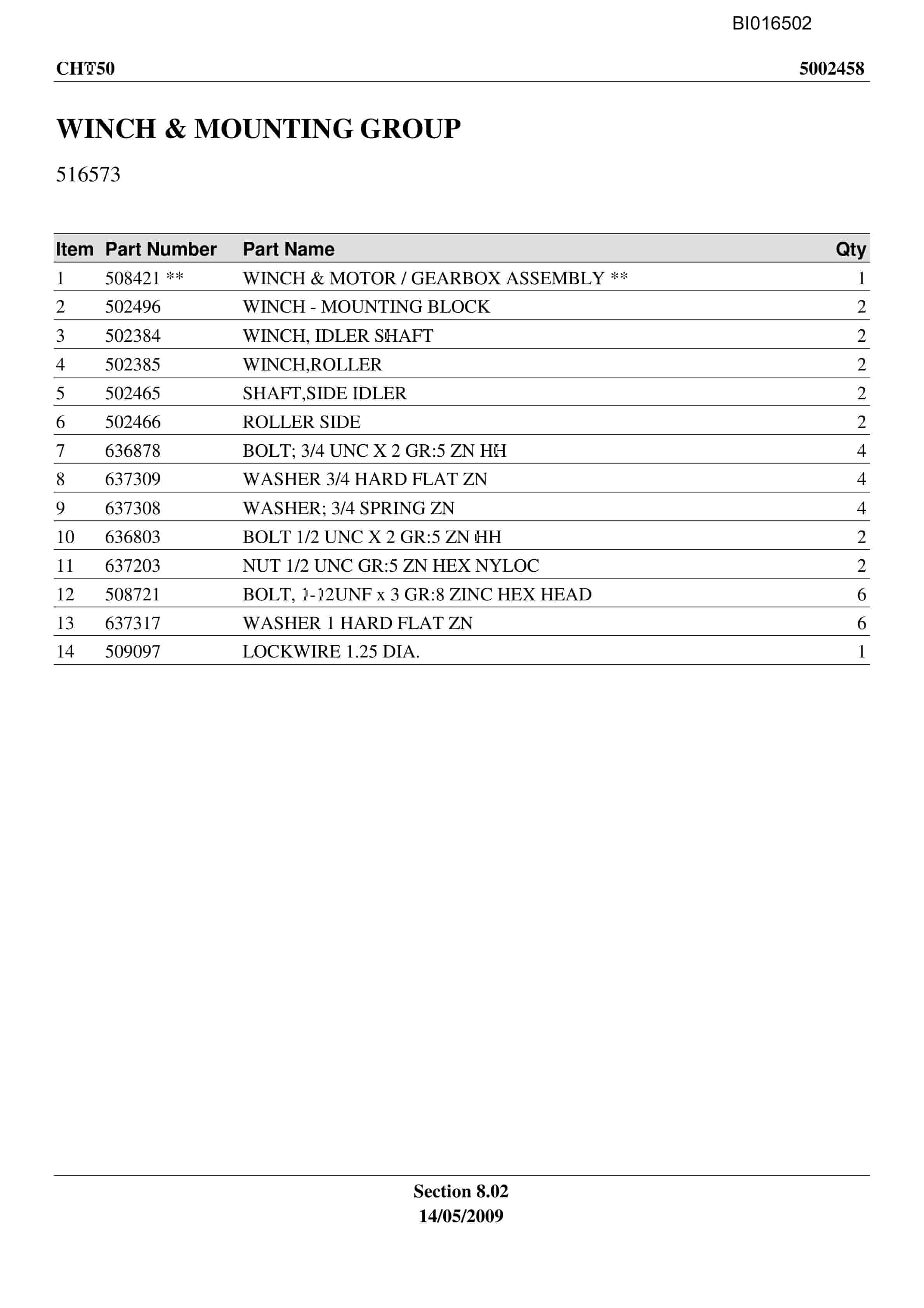 Caterpillar CHT-50 Parts Manual BI016502-5