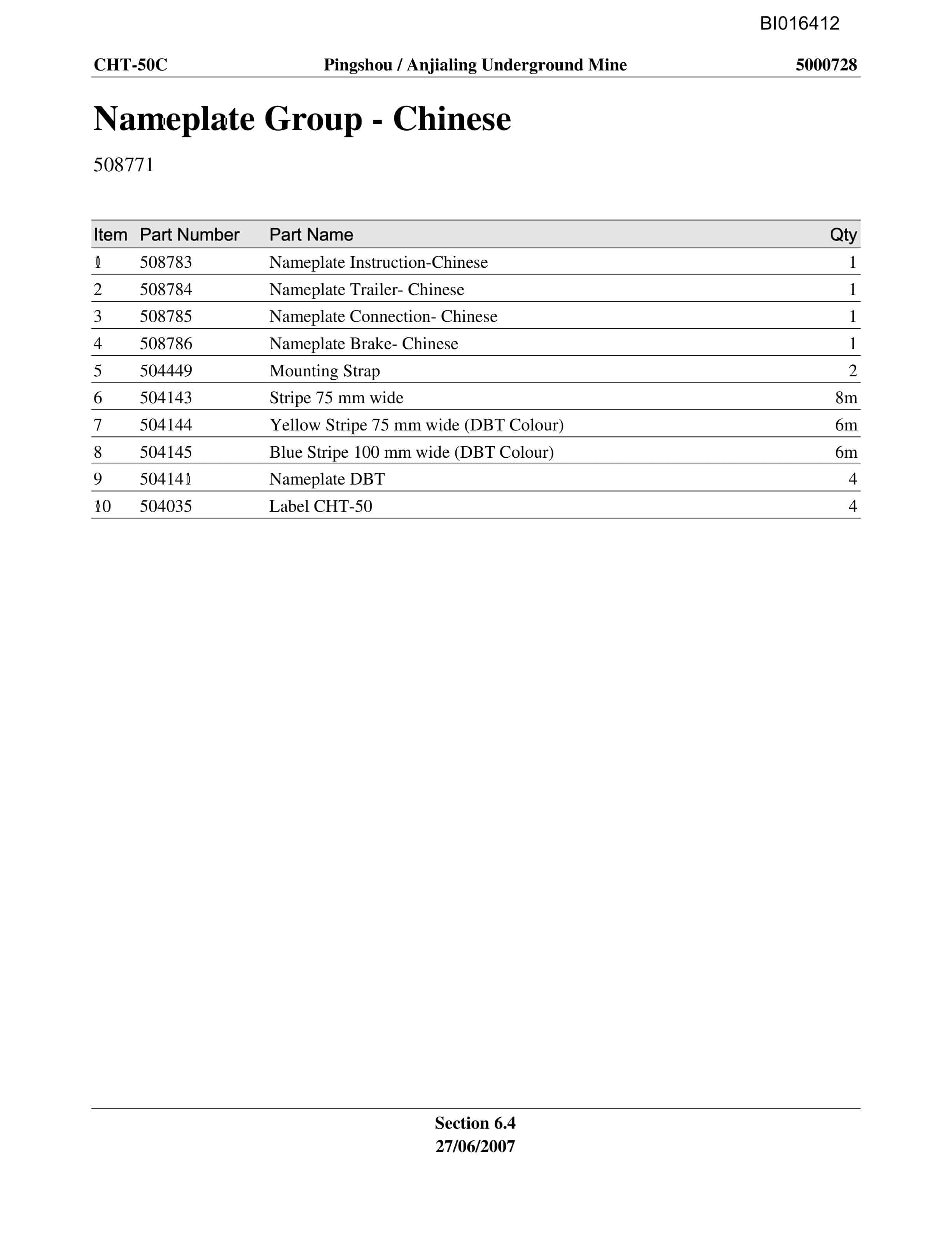 Caterpillar CHT-50C Parts Manual BI016412-3