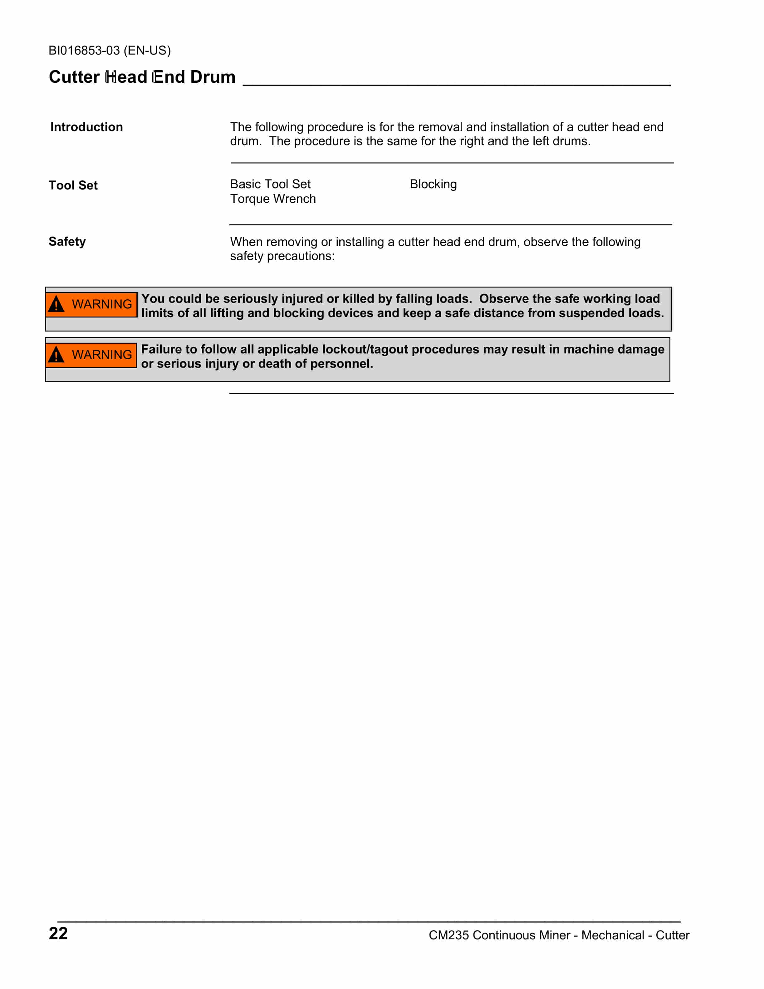 Caterpillar CM235 Continuous Miner Operation And Maintenance Manual BI016853-03-2
