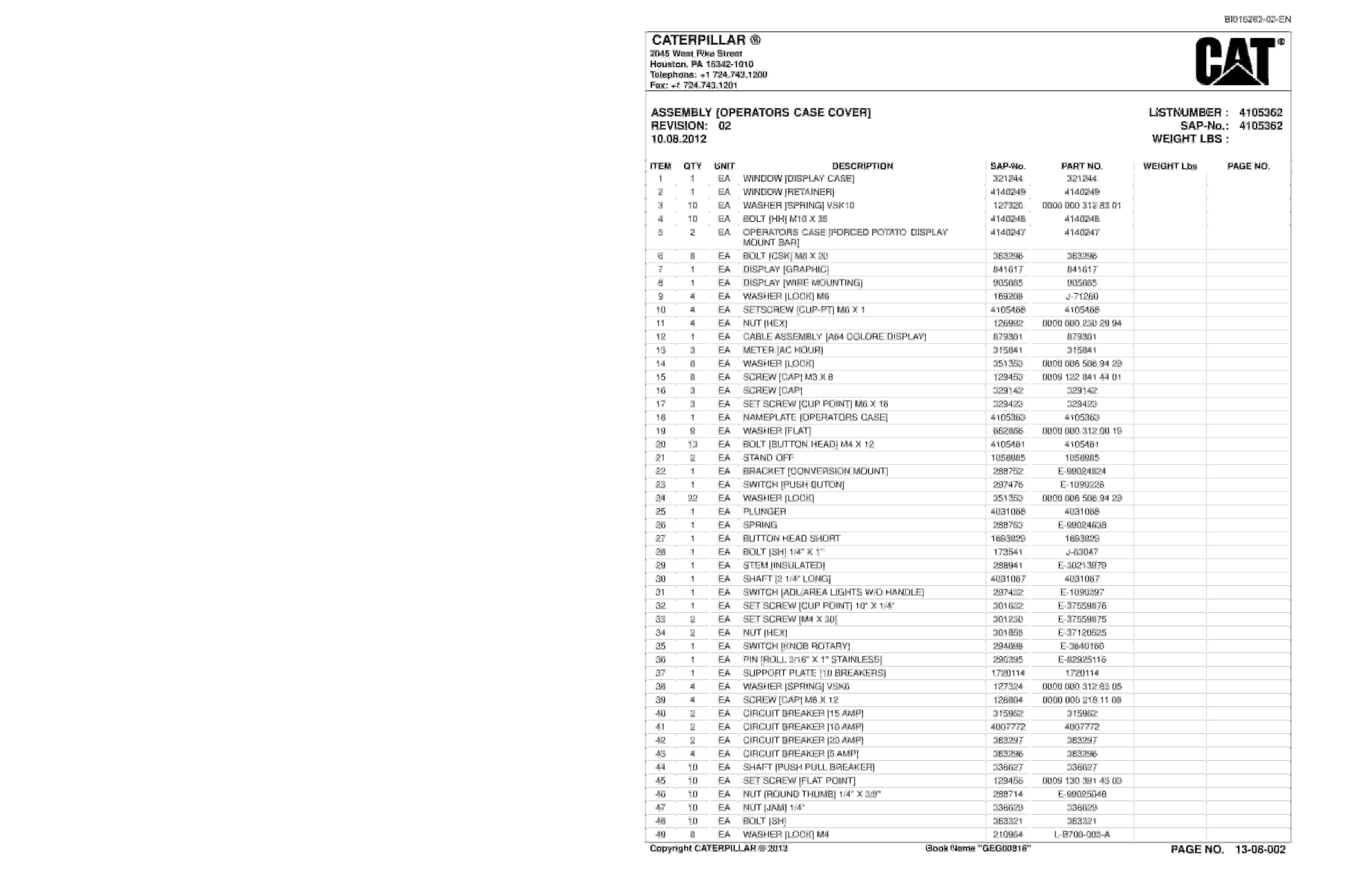 Caterpillar CM235 Continuous Miner Parts Catalog BI016262-02-5