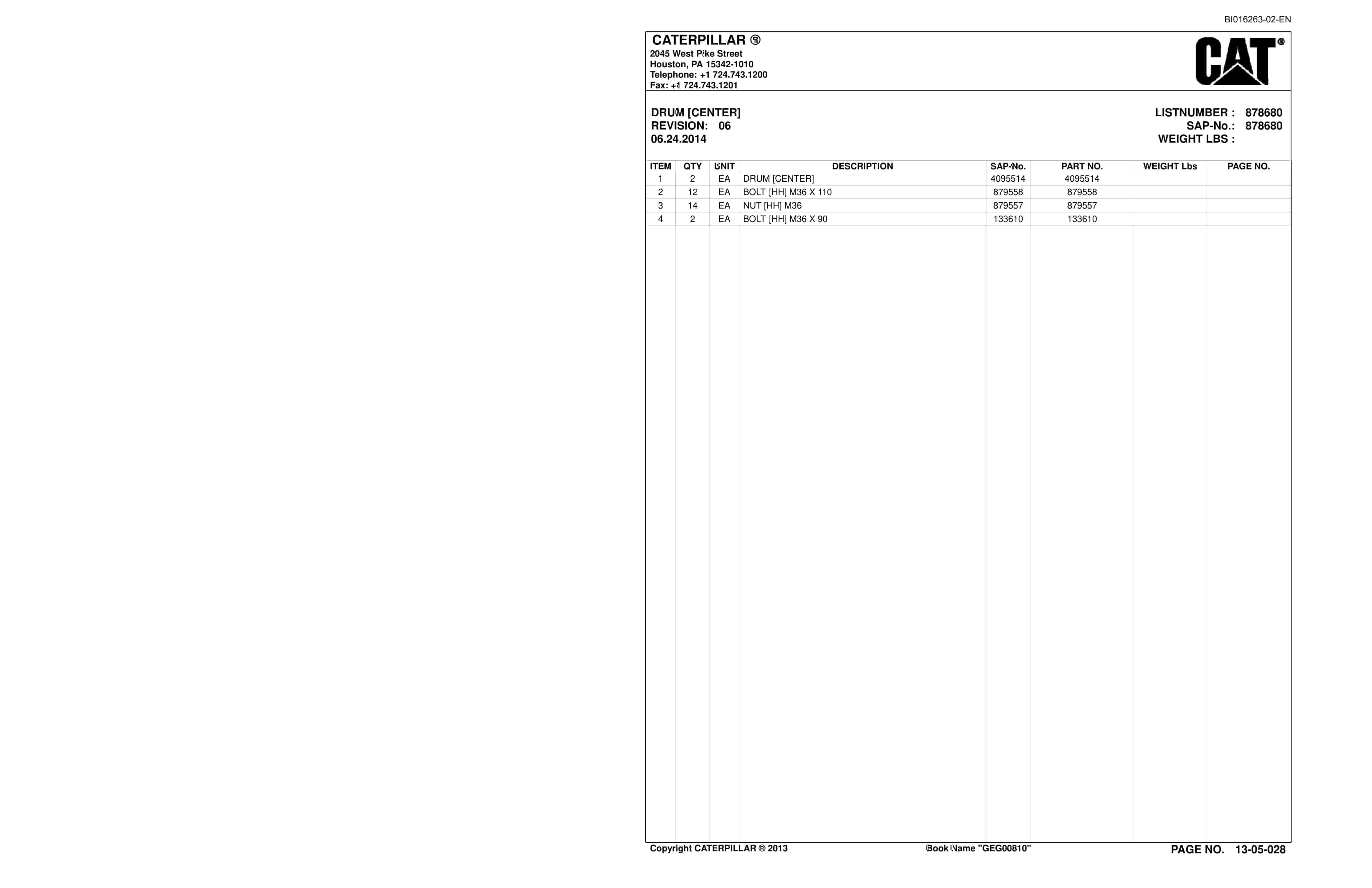 Caterpillar CM235 Continuous Miner Parts Catalog BI016263-02-2