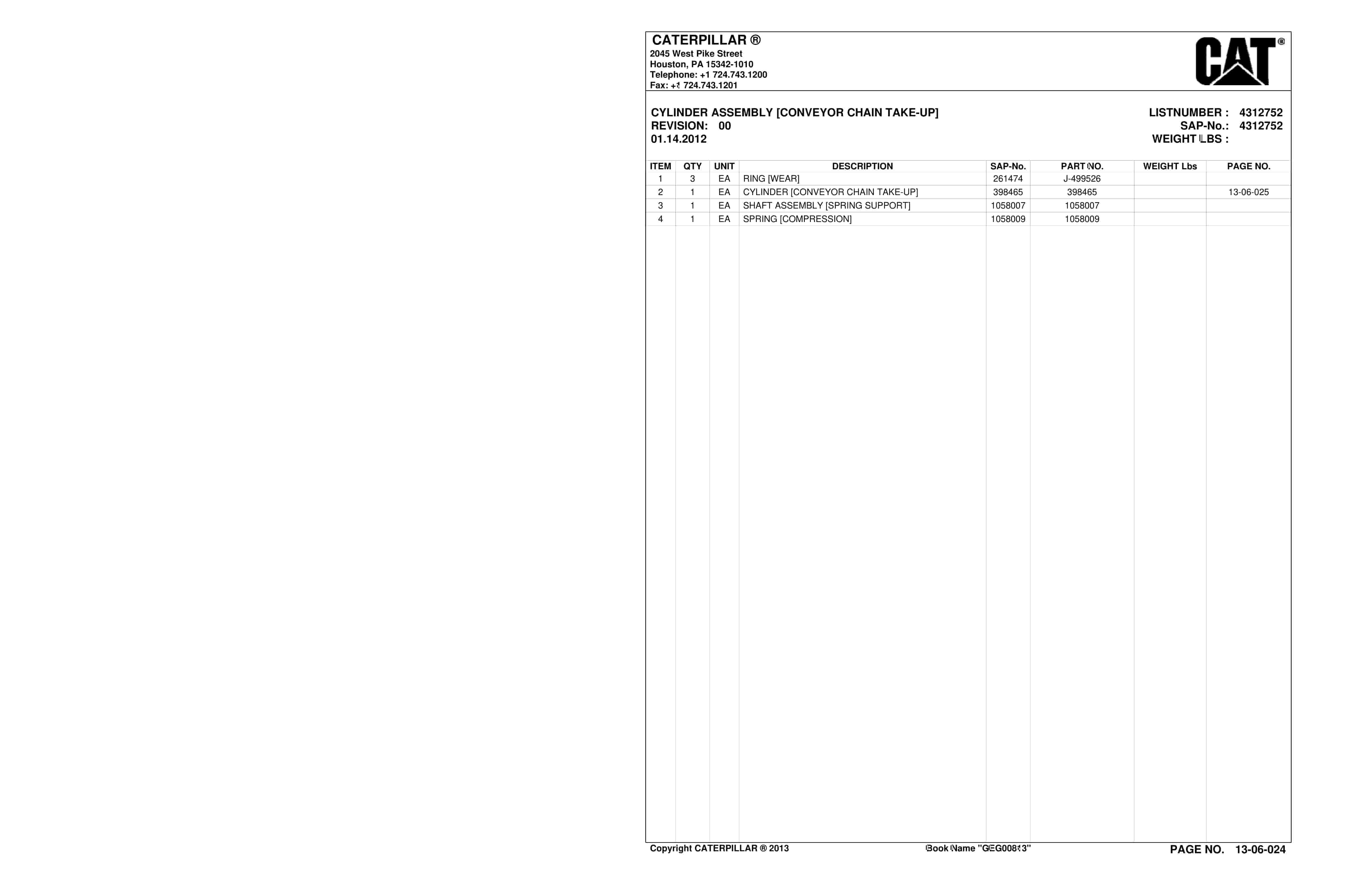 Caterpillar CM235 Continuous Miner Parts Manual BI016931-3