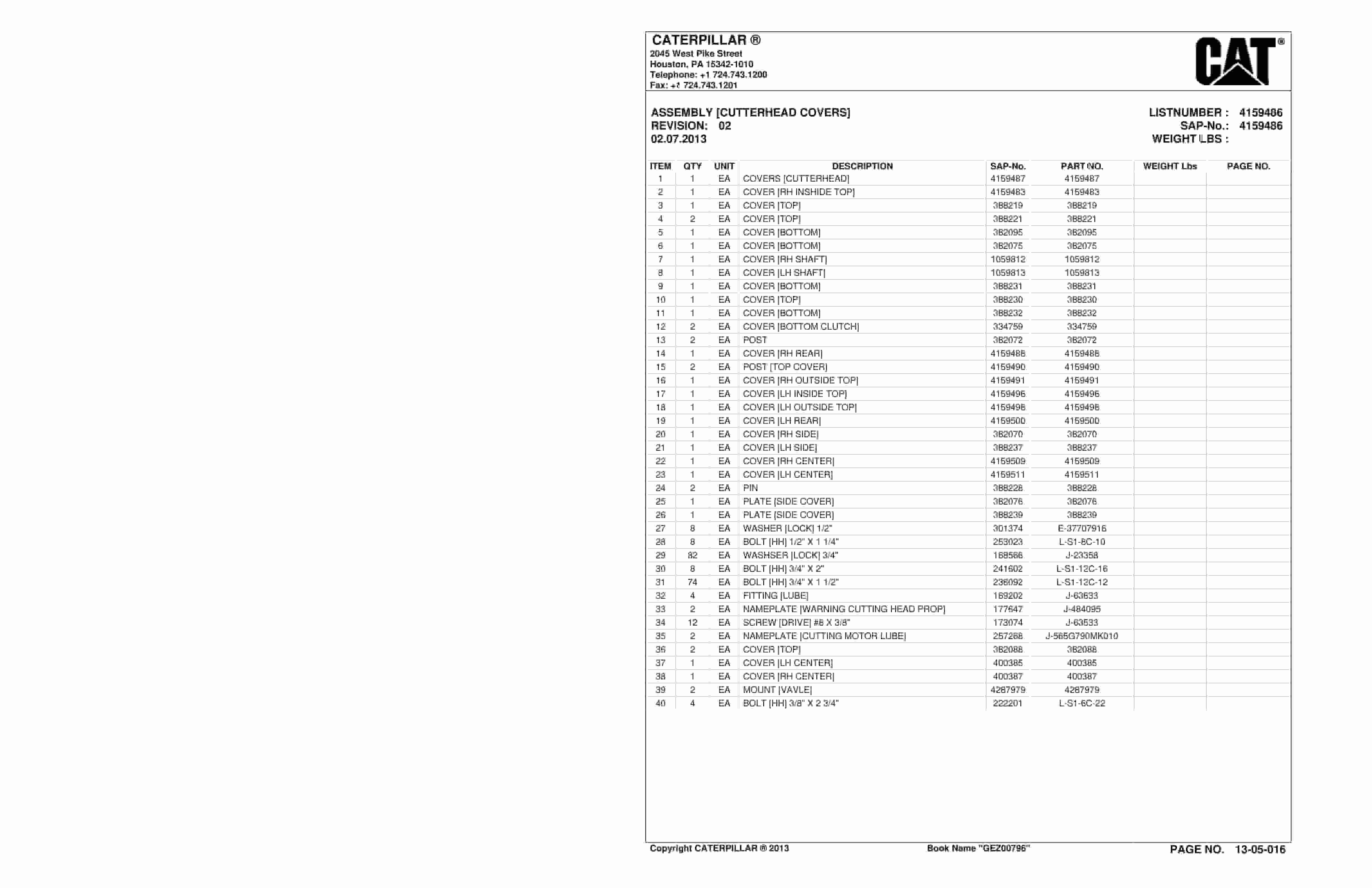 Caterpillar CM340 Continuous Miner Parts Manual BI016608-2