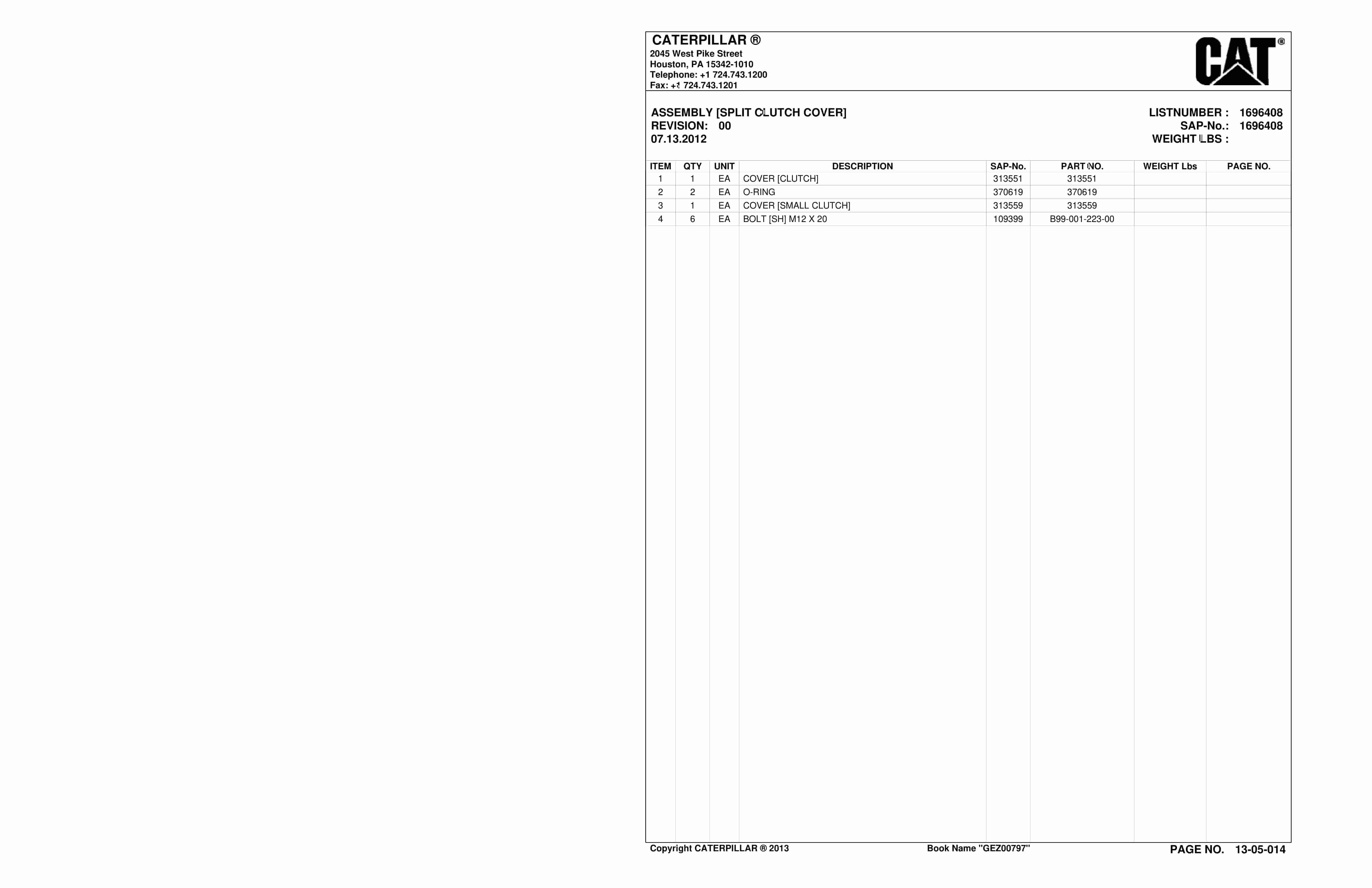 Caterpillar CM340 Continuous Miner Parts Manual BI016966-2