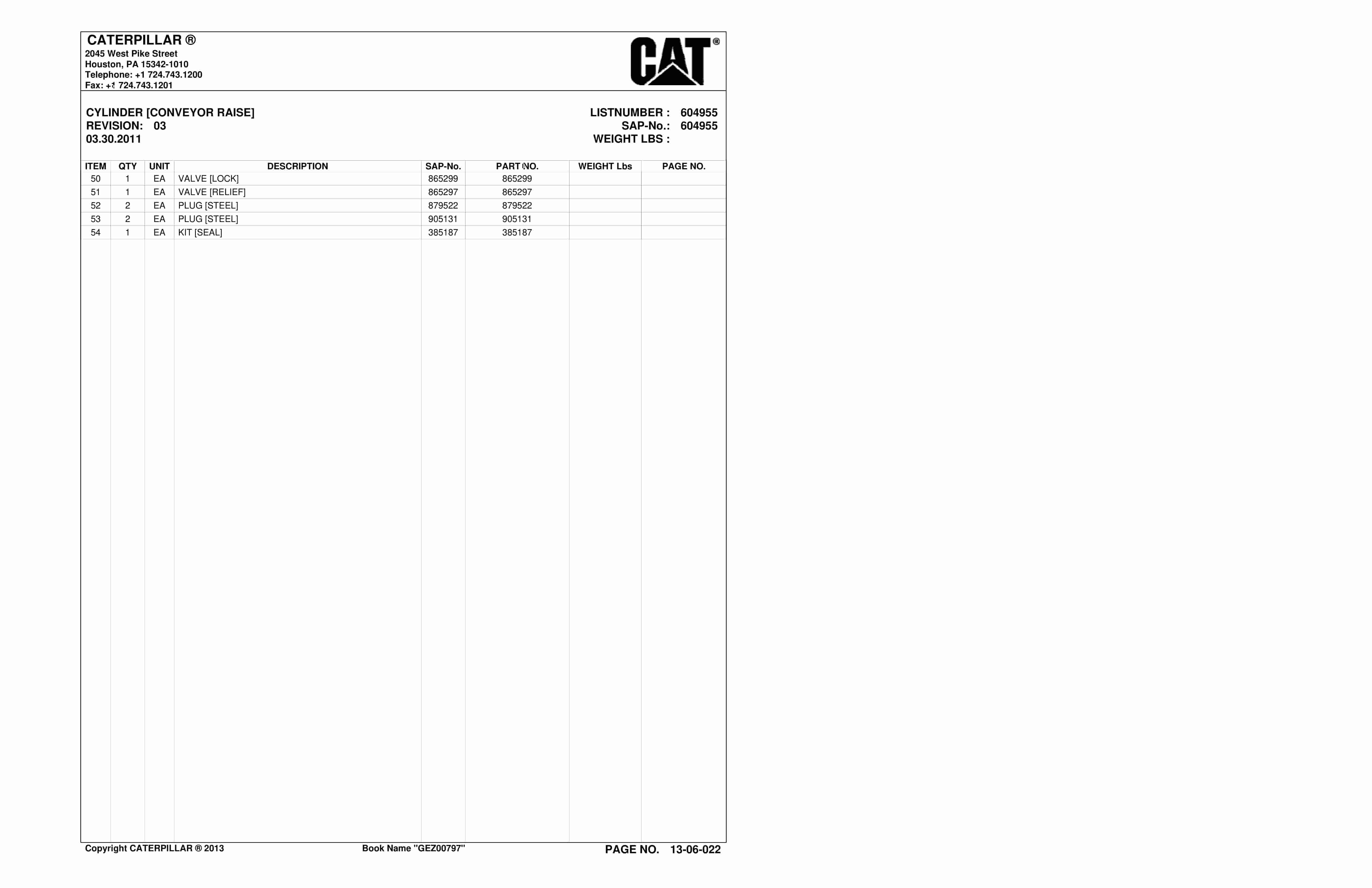Caterpillar CM340 Continuous Miner Parts Manual BI016966-3