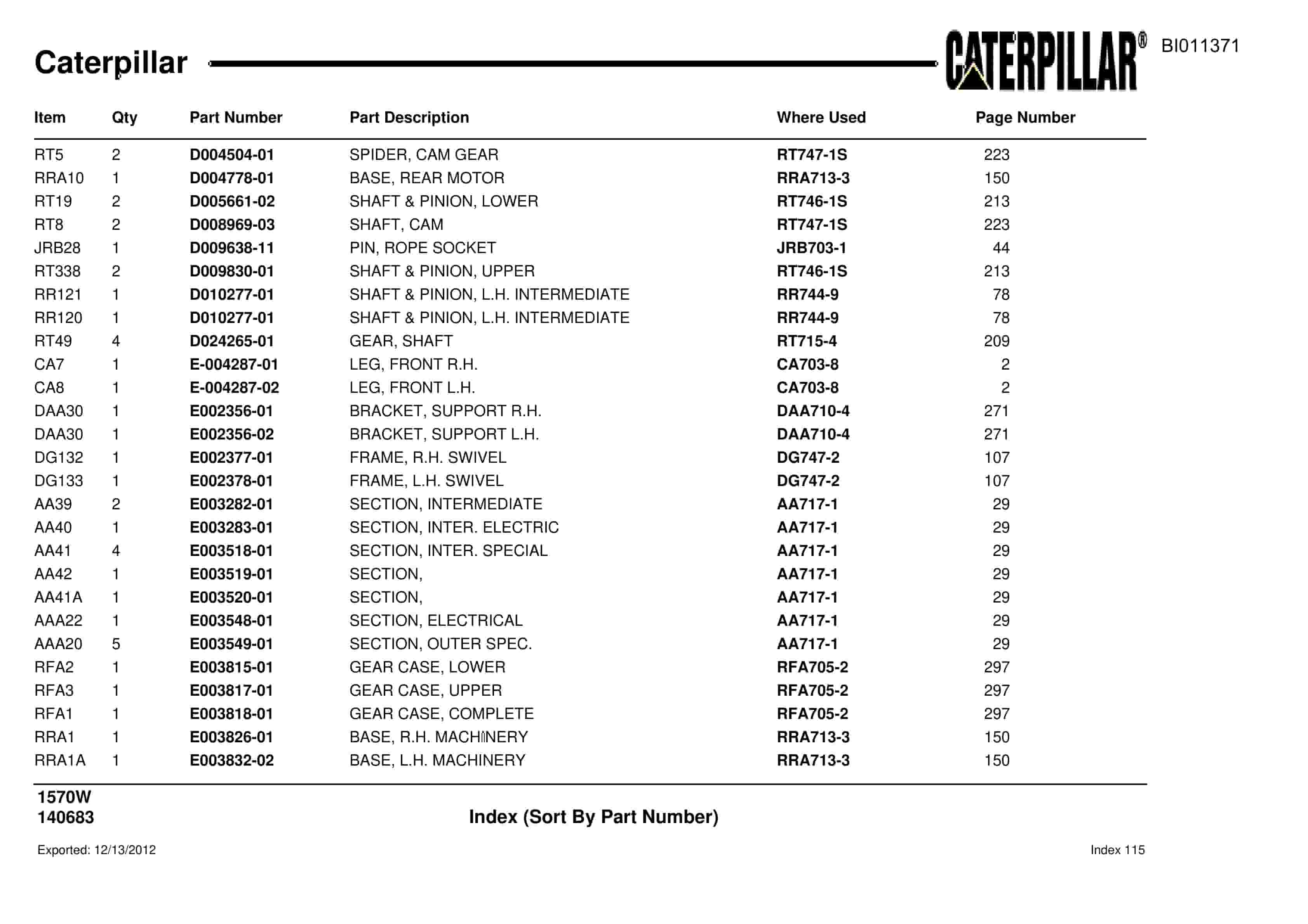Caterpillar Dragline Parts Manual BI011371-5