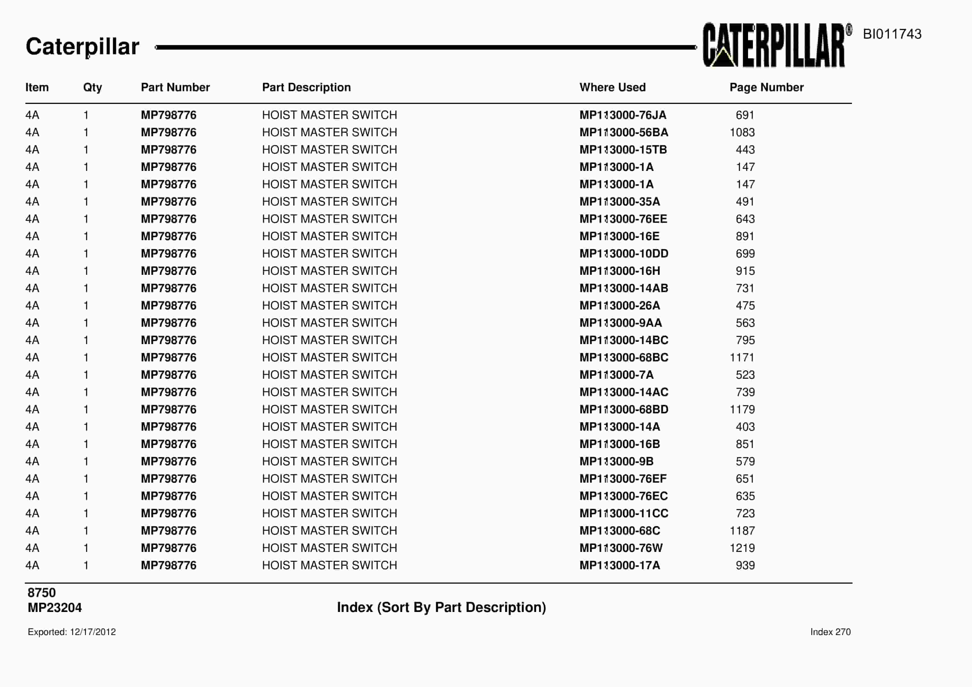 Caterpillar Dragline Parts Manual BI011743-5