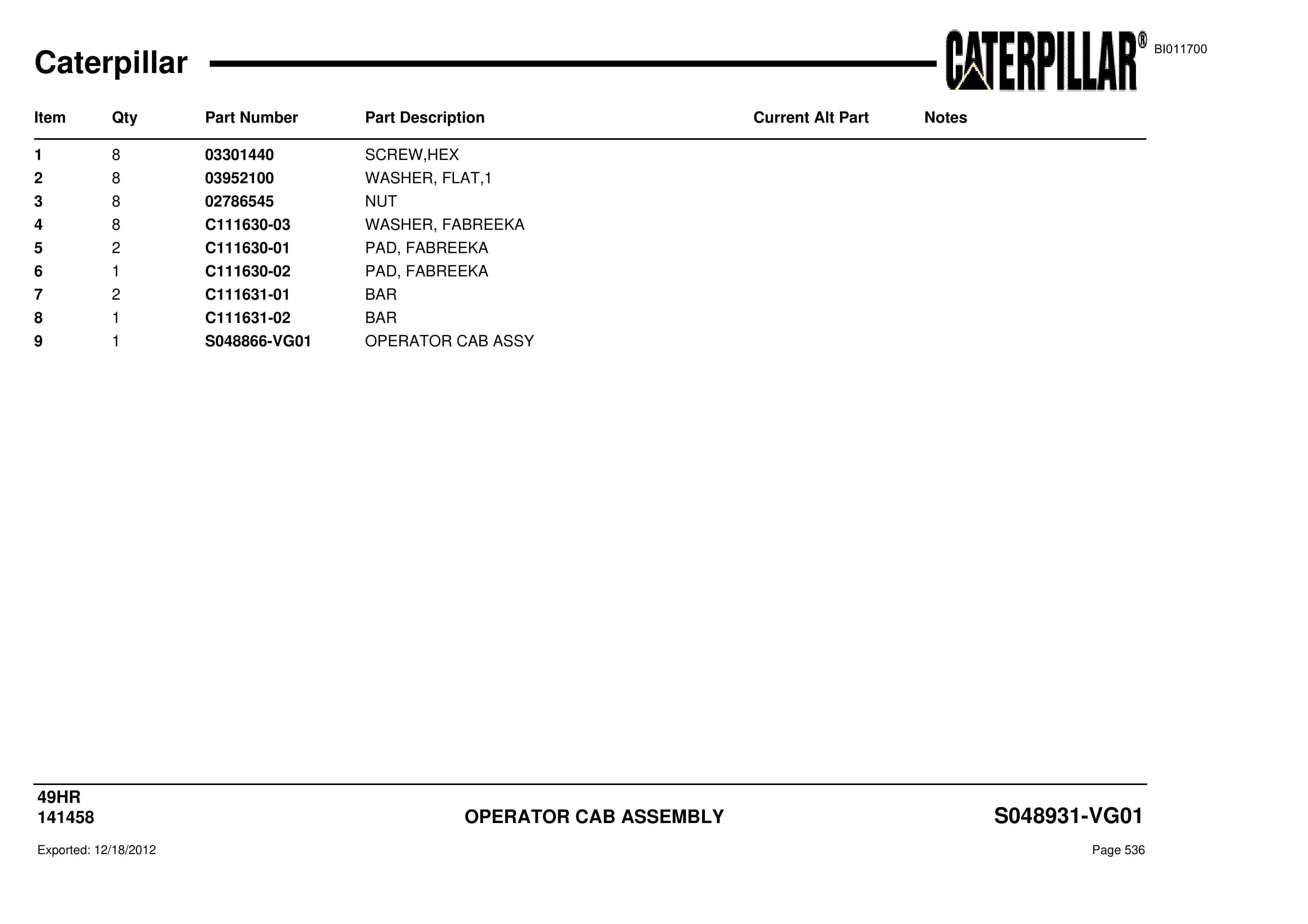 Caterpillar Electric Rope Shovel Parts Manual BI011700-2