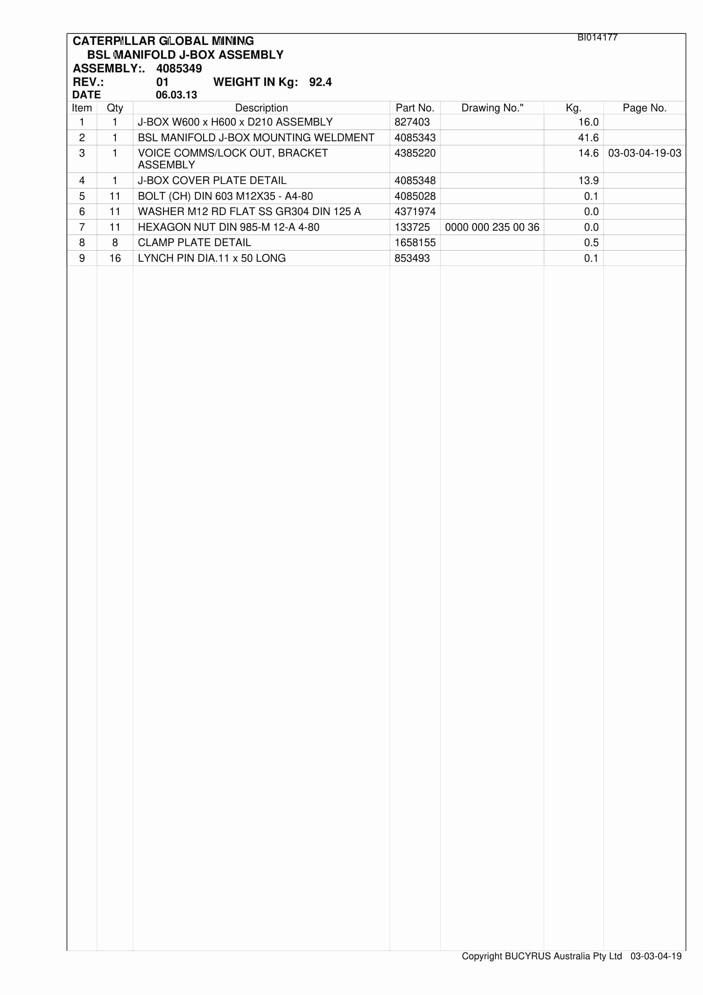 Caterpillar KME BSL Set 1 Parts Manual BI014177-5