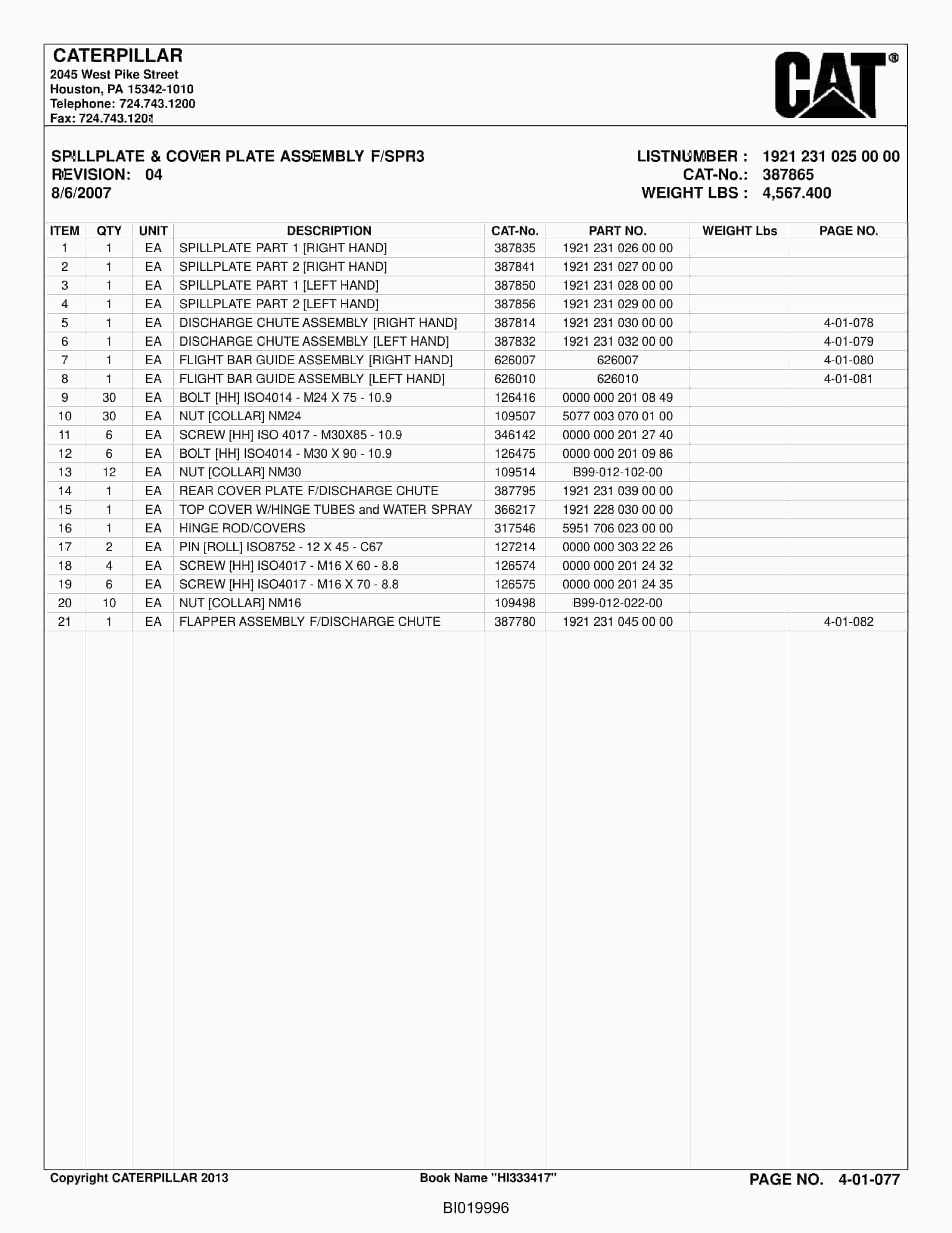Caterpillar Longwall System Stageloader Parts Catalog BI019996-3
