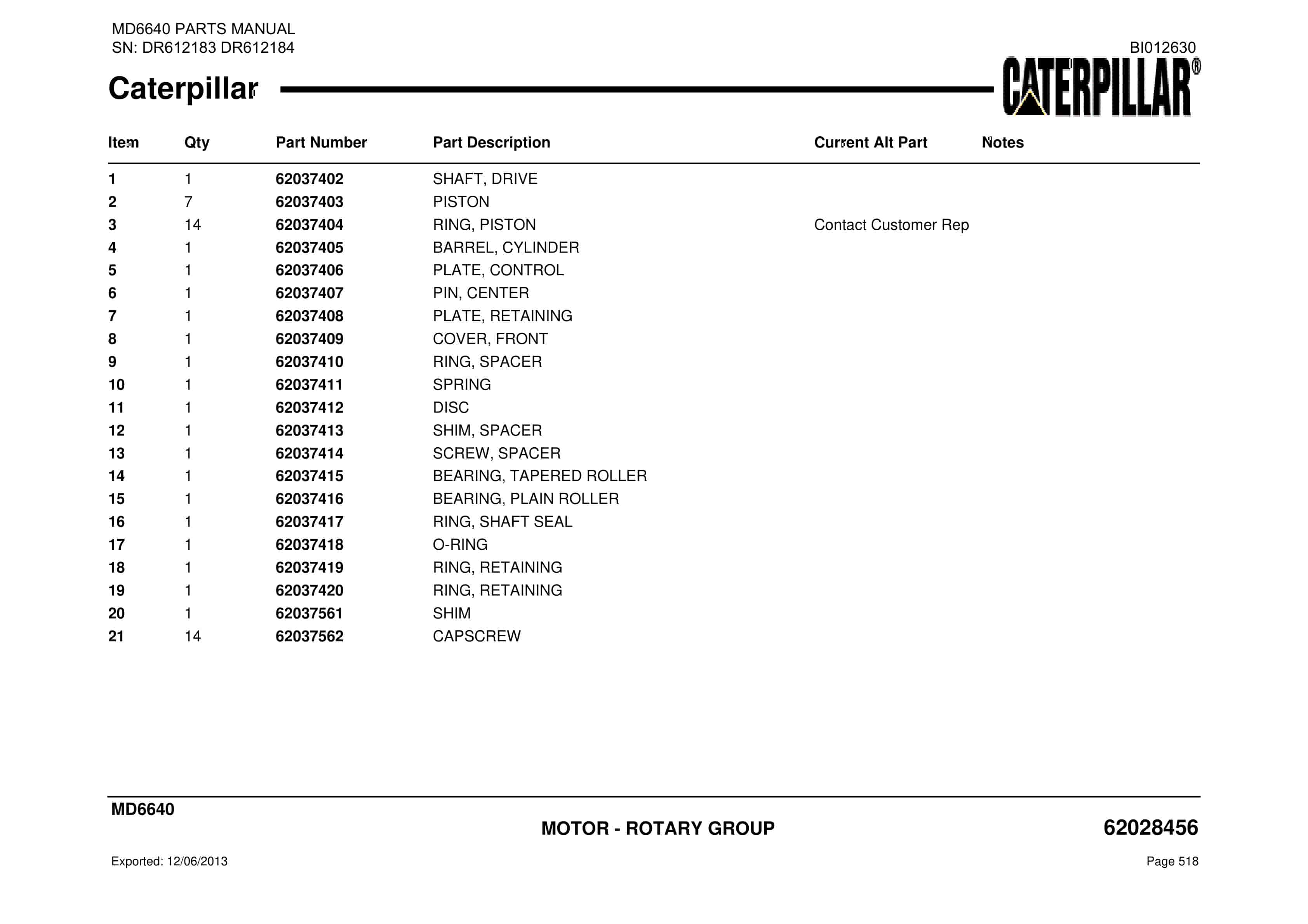 Caterpillar MD6640 Blast Hole Drill Parts Manual BI012630-2