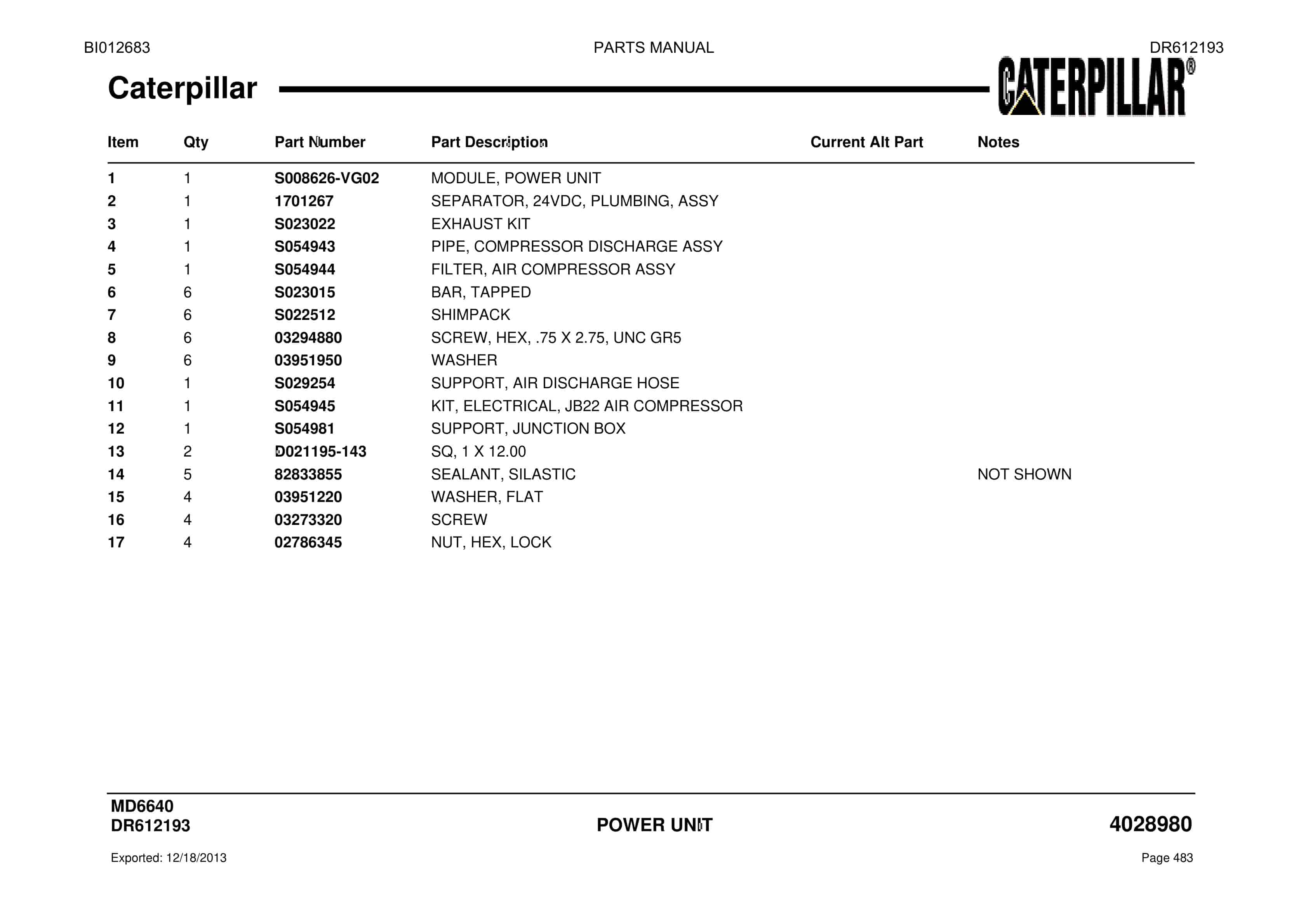 Caterpillar MD6640 Blast Hole Drill Parts Manual BI012683-2
