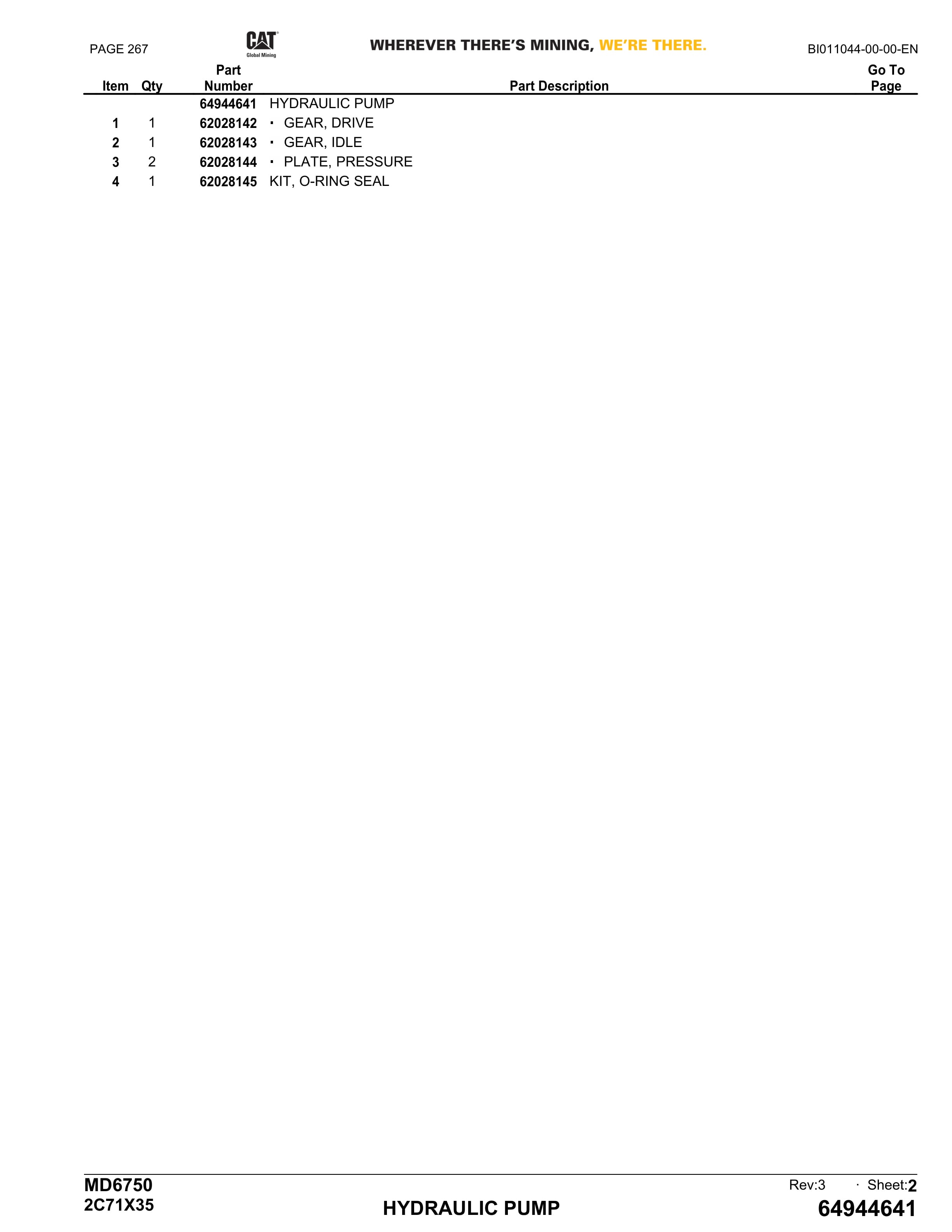 Caterpillar MD6750 Blast Hole Drill Parts Manual BI011044-2